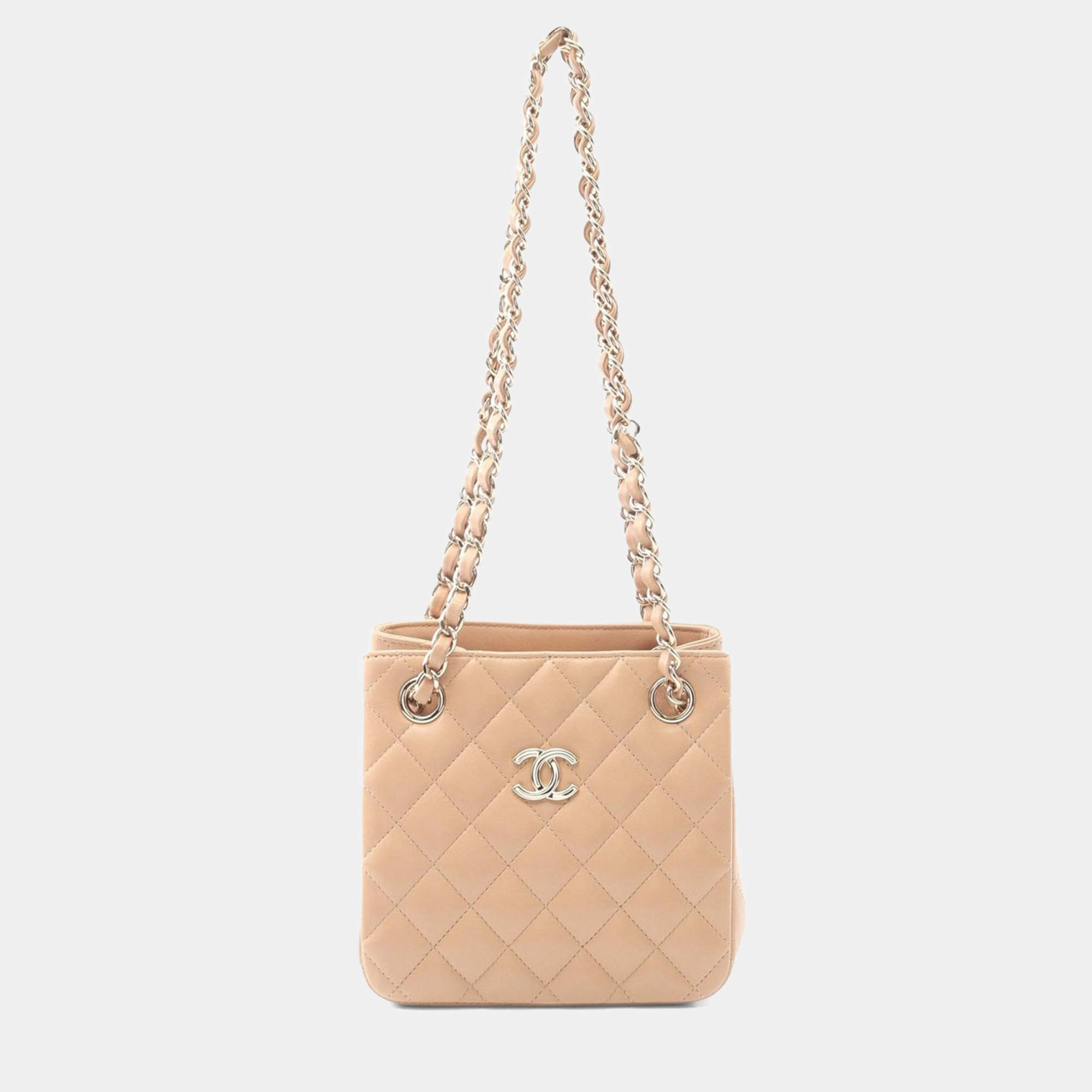 Pre Owned Chanel Bucket Mini Beige Lambskin Shoulder Bag