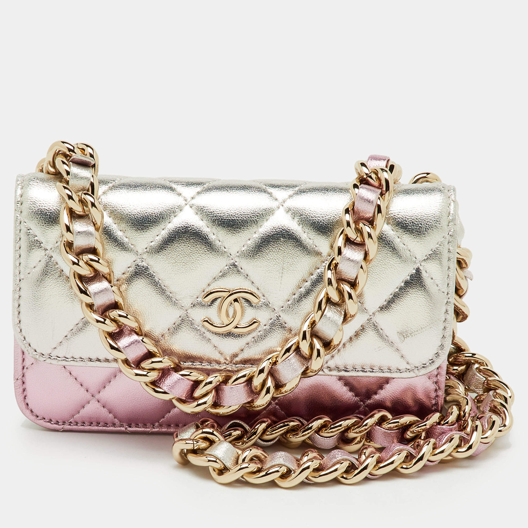 Pre Owned Chanel Metallic Silver/Pink Quilted Leather Coco Punk Wallet on Chain