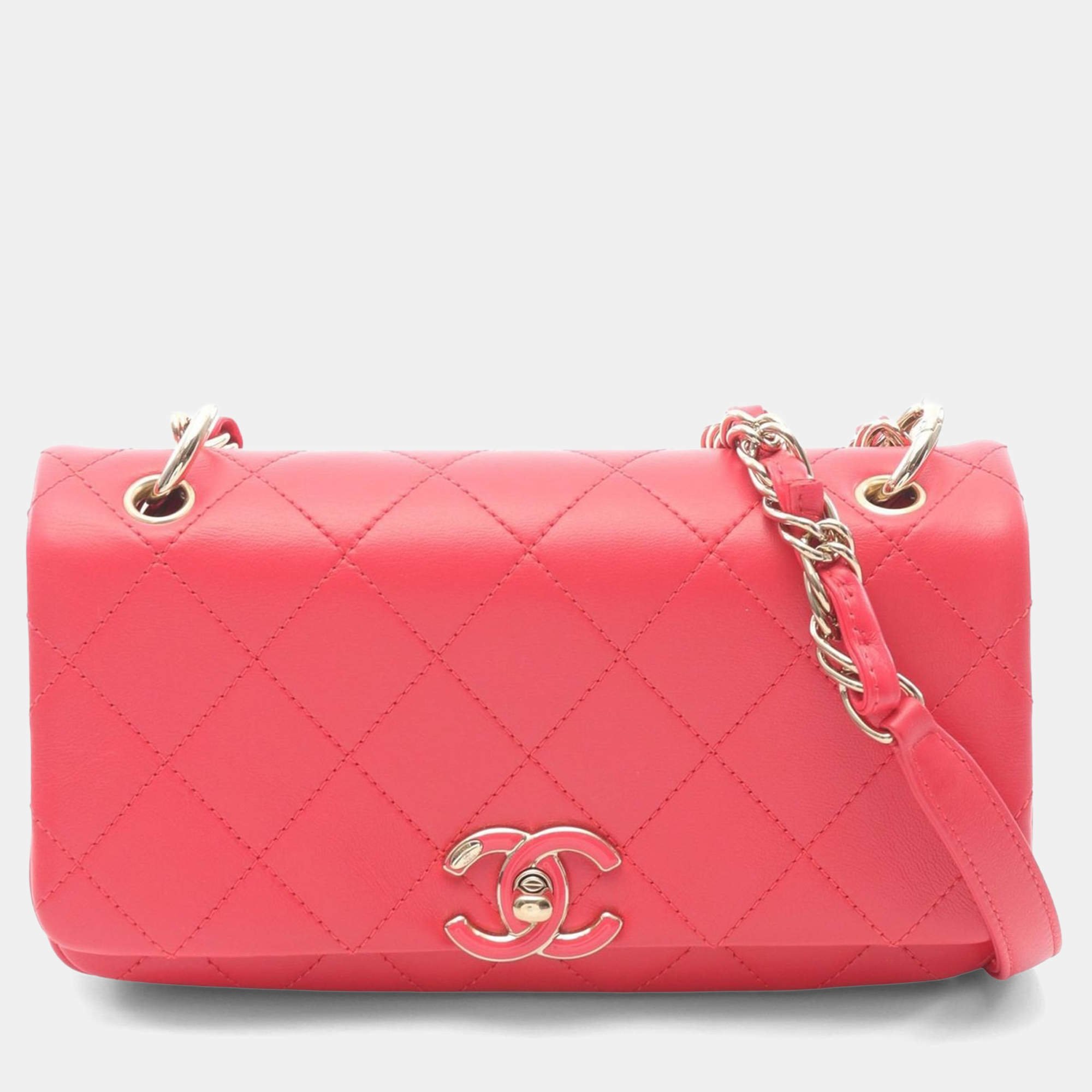 Pre Owned Chanel Matelasse Chain Shoulder Bag Lamb Skin Sheep Leather Red