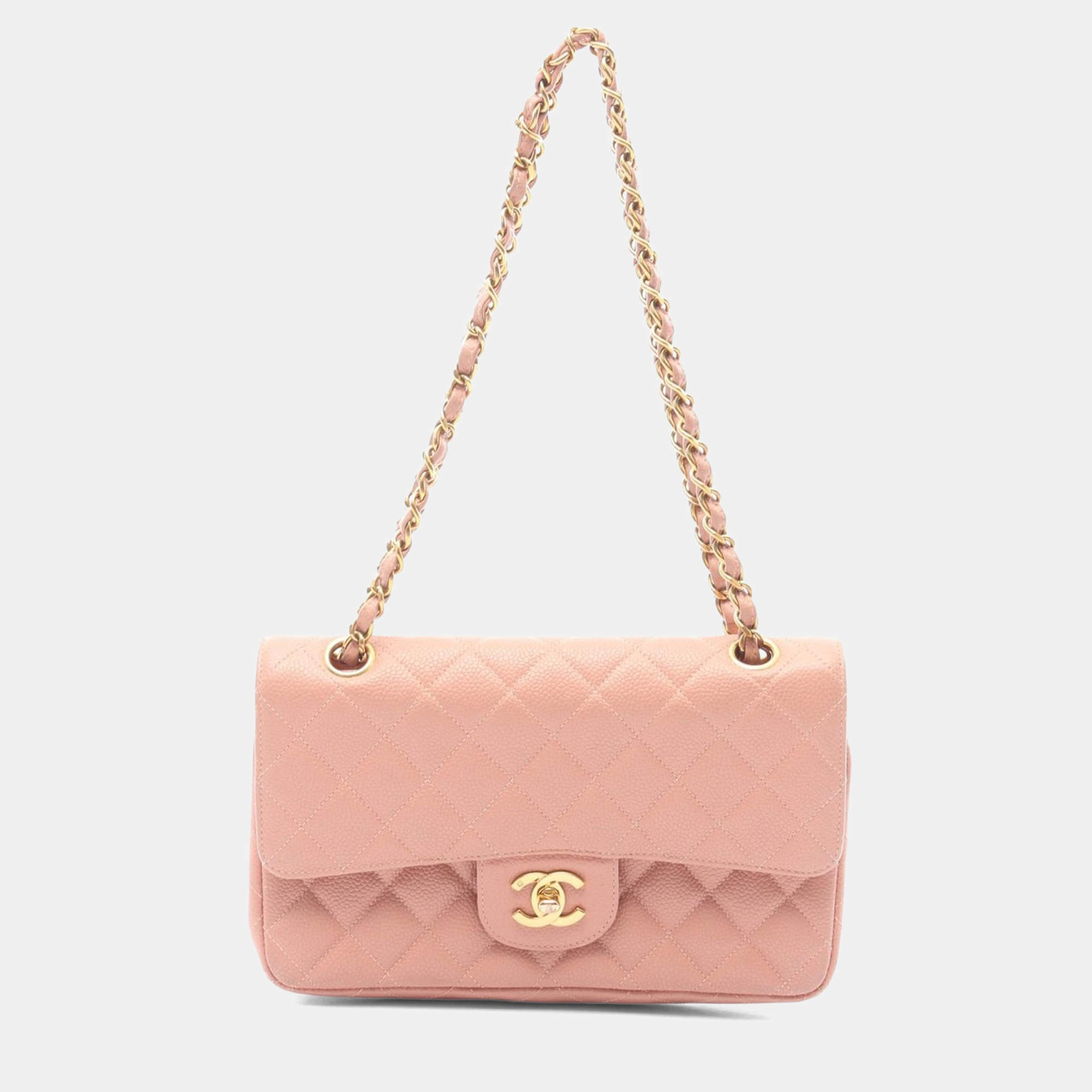 Pre Owned Chanel Matelasse Double Flap Chain Shoulder Bag Calfskin Pink