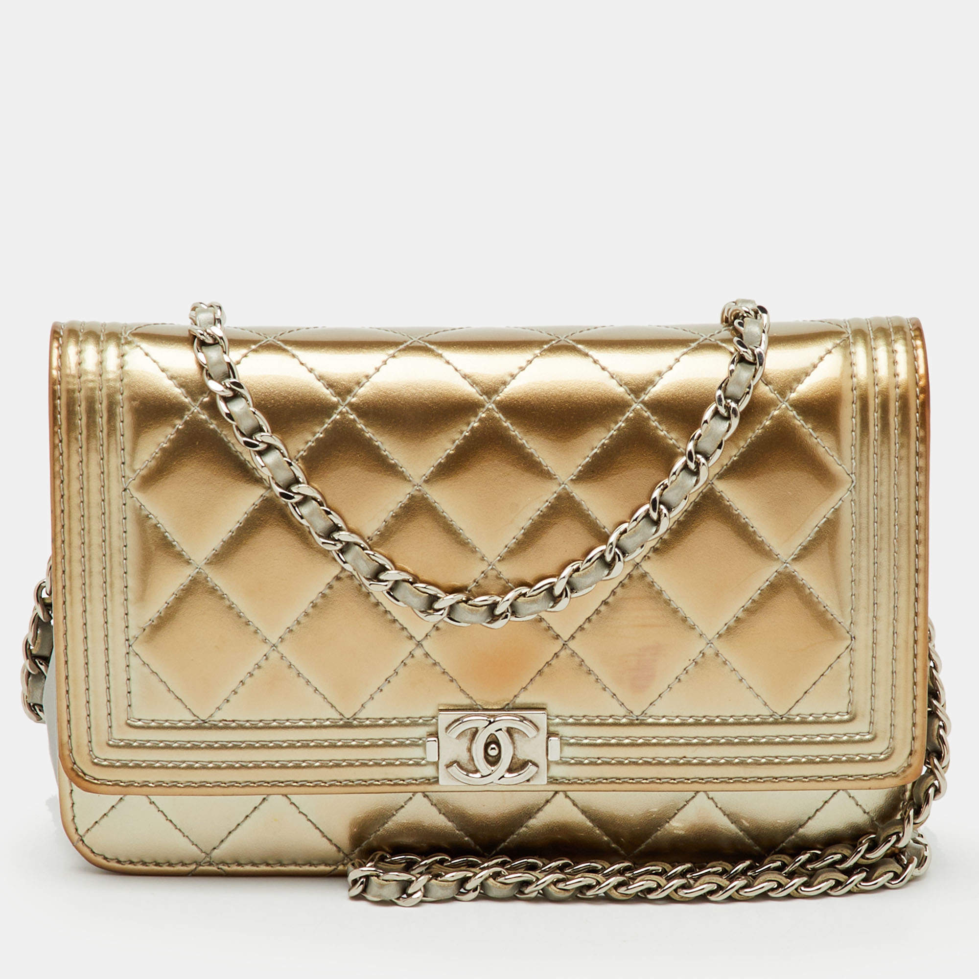 Pre Owned Chanel Metallic Grey Quilted Patent Leather Classic Boy WOC Bag