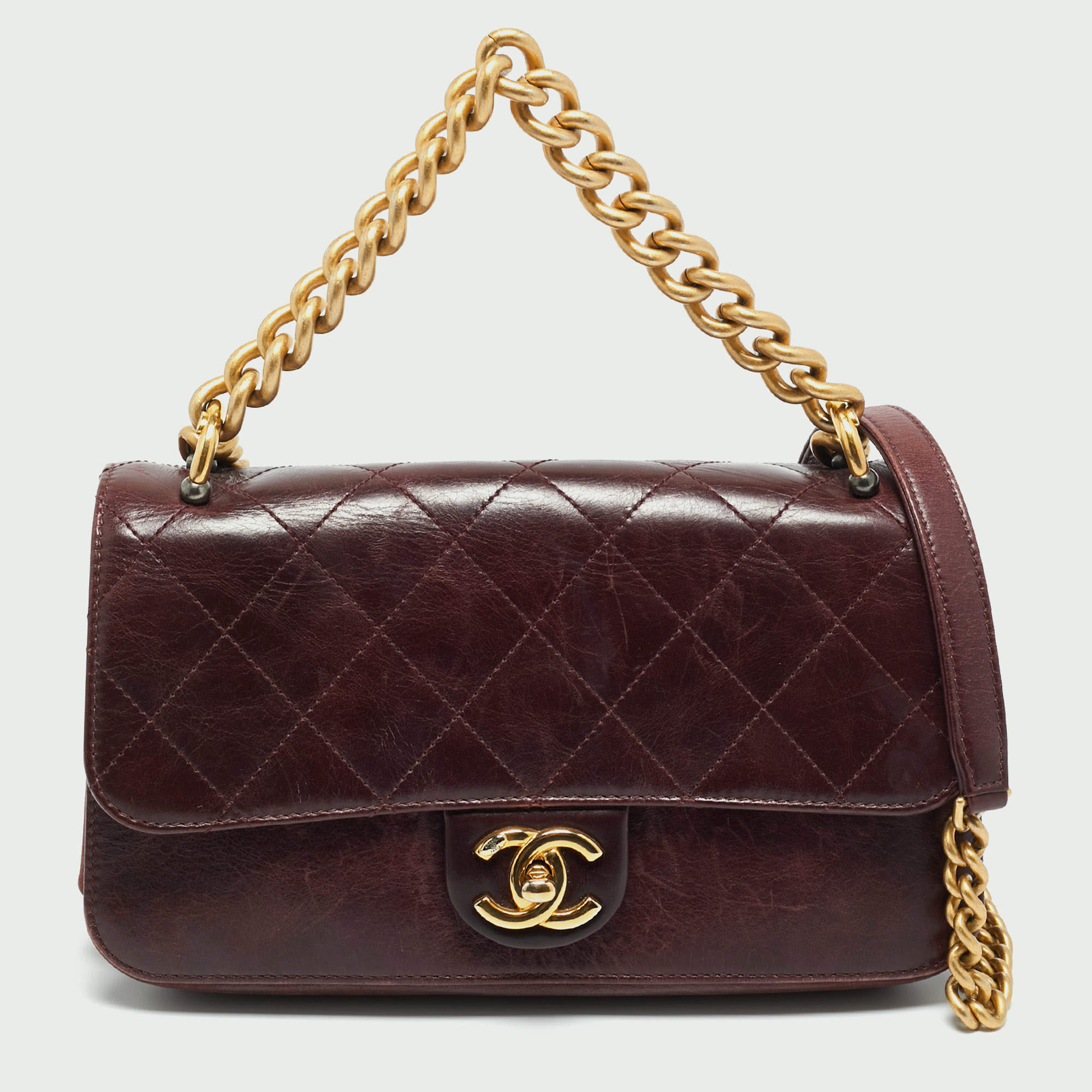 Pre Owned Chanel Burgundy Quilted Leather Small Straight Line Flap Bag