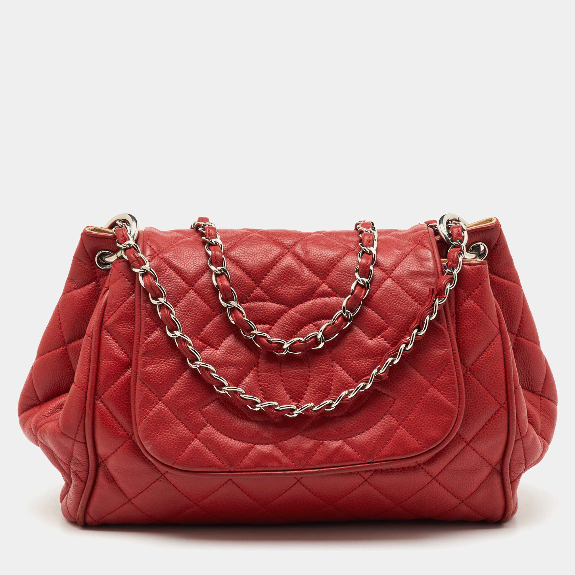 Pre Owned Chanel Red Quilted Caviar Leather Timeless Accordion Flap Bag