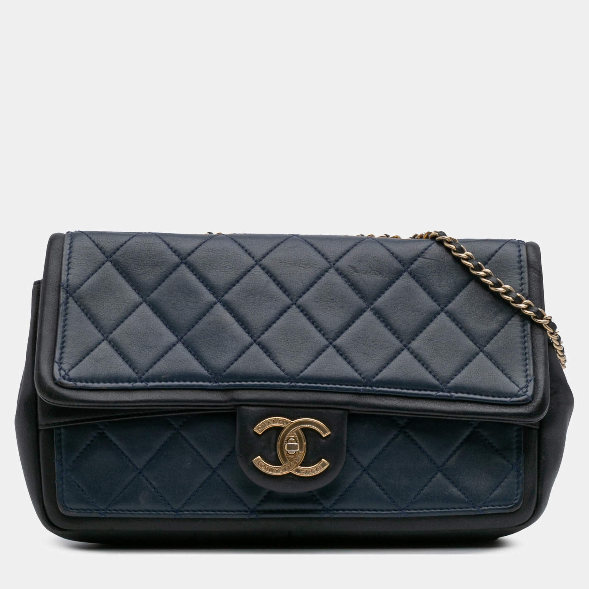 Pre Owned Chanel Blue Medium Bicolor Calfskin Graphic Flap