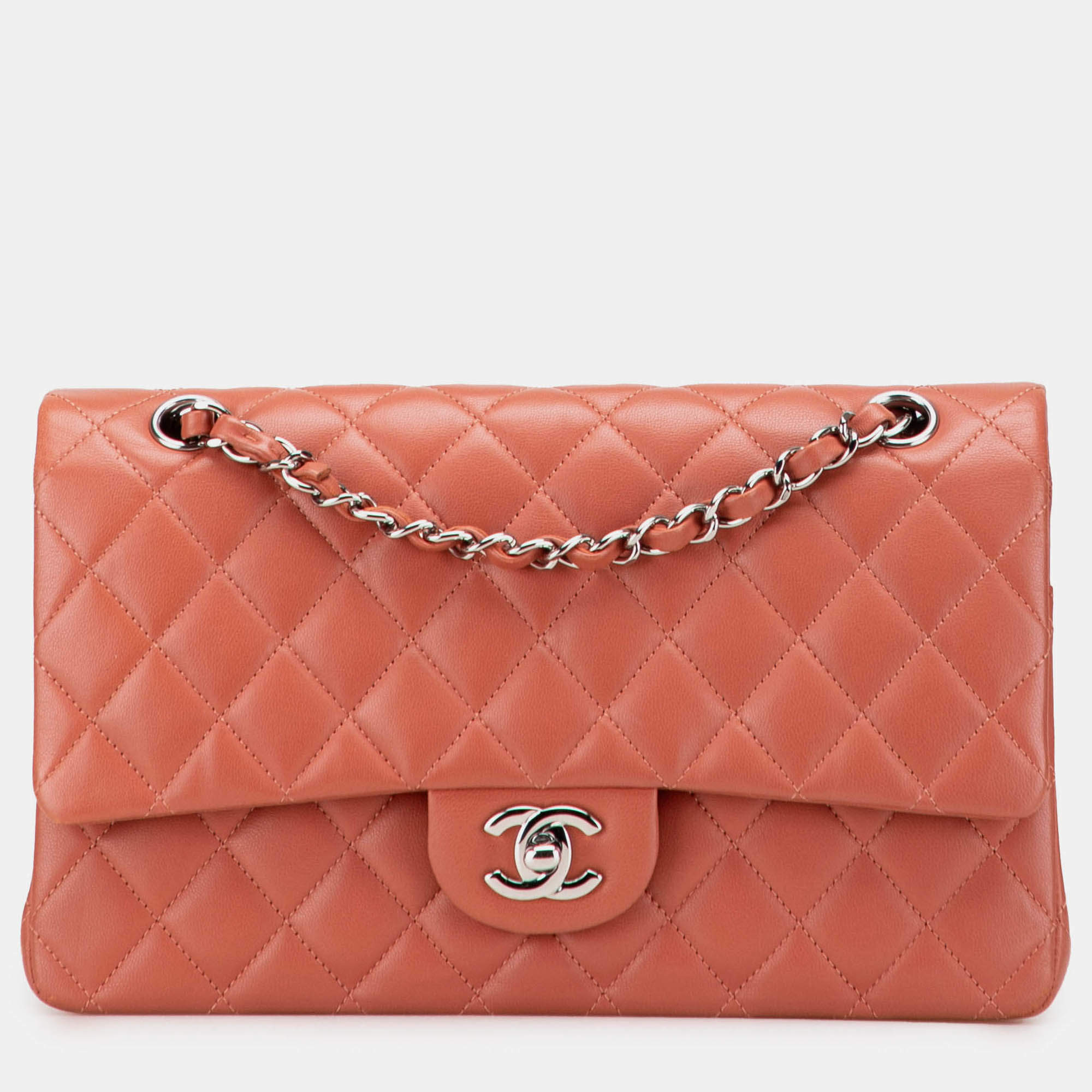 Pre Owned Chanel Orange Medium Classic Lambskin Double Flap