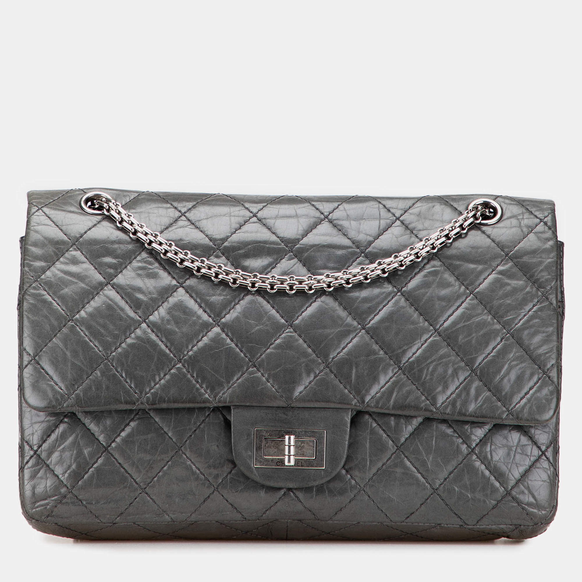Pre Owned Chanel Grey 50th Anniversary Reissue 2.55 Aged Calfskin Double Flap 227