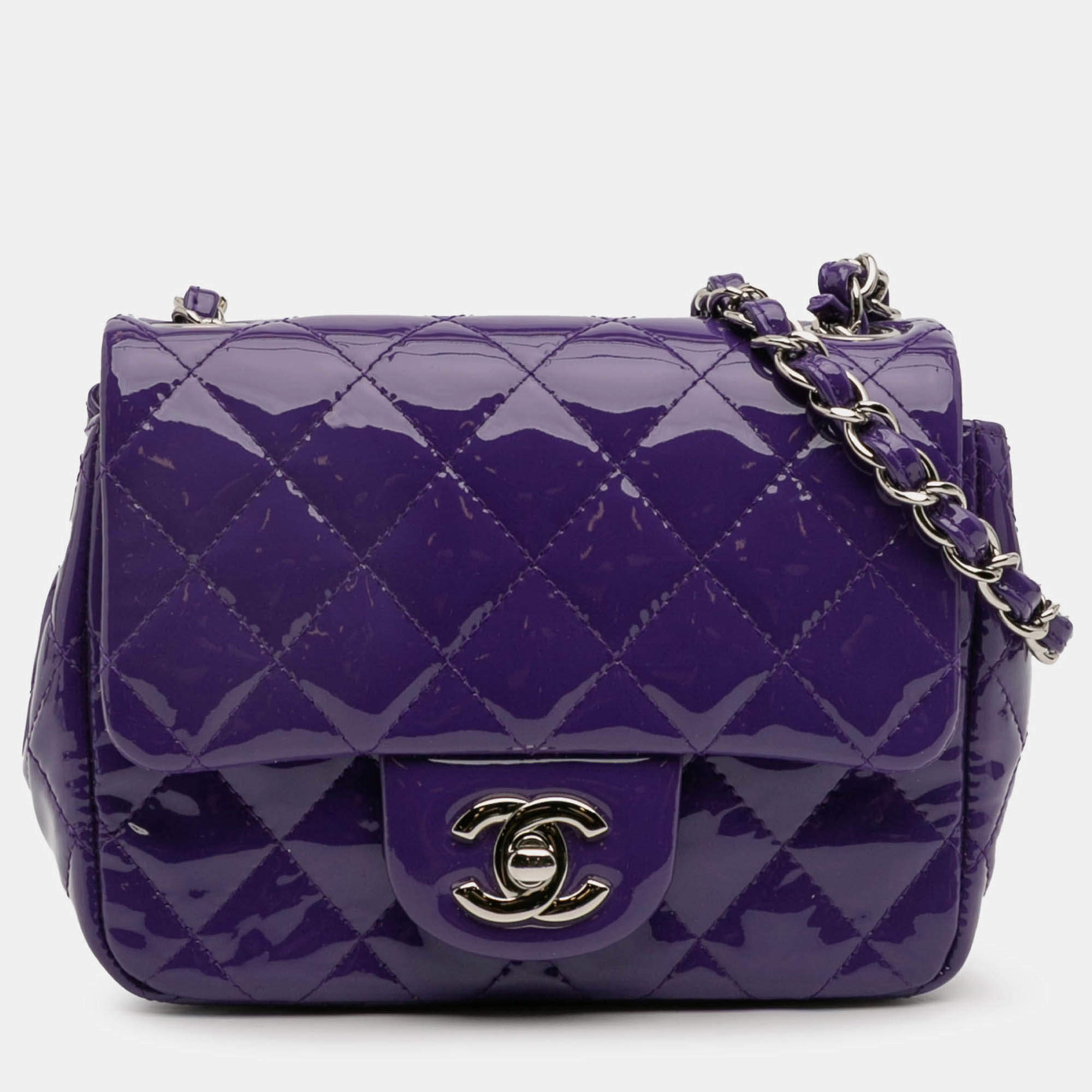 Pre Owned Chanel Purple Mini Square Classic Patent Single Flap Bag