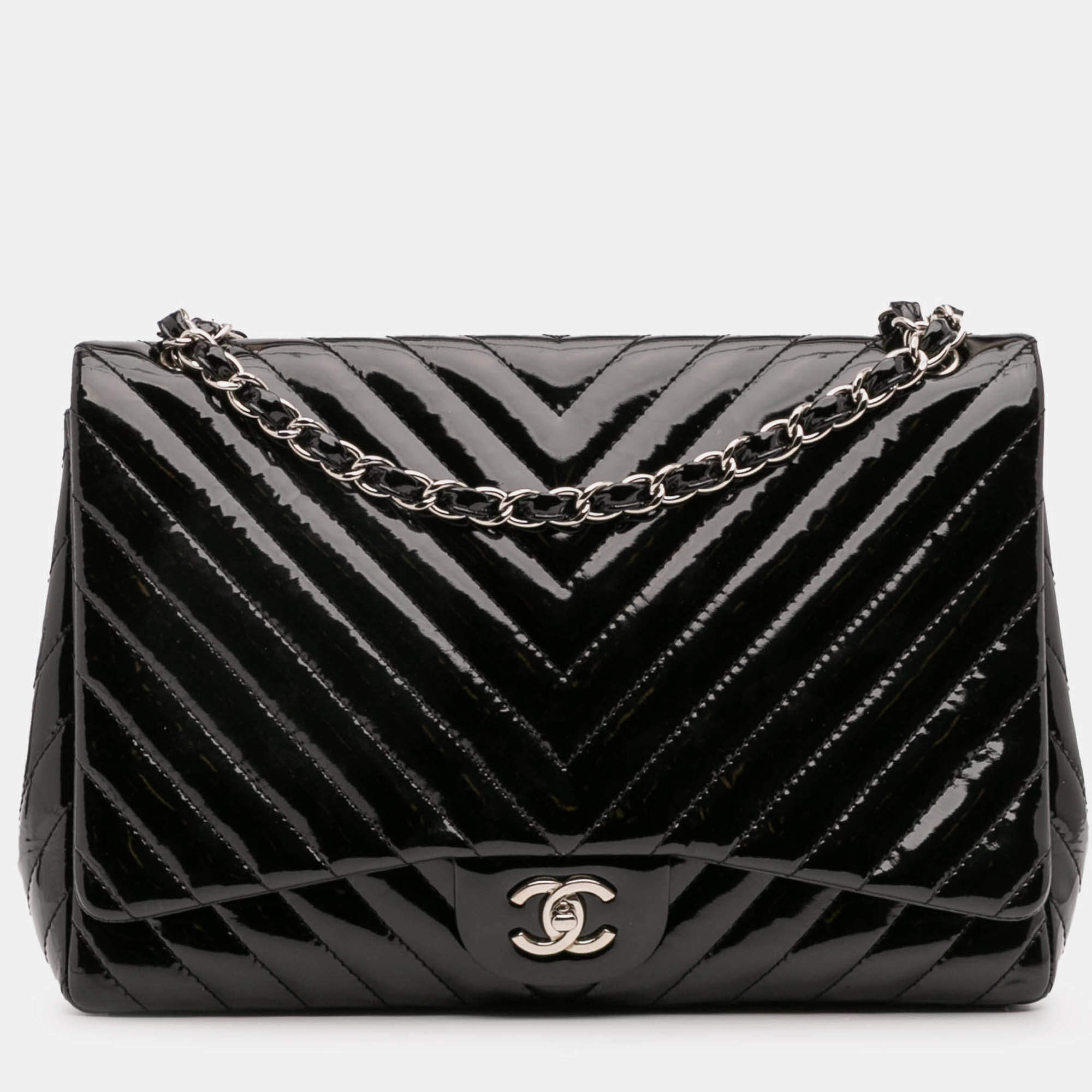 Pre Owned Chanel Black Maxi Classic Chevron Patent Single Flap Bag