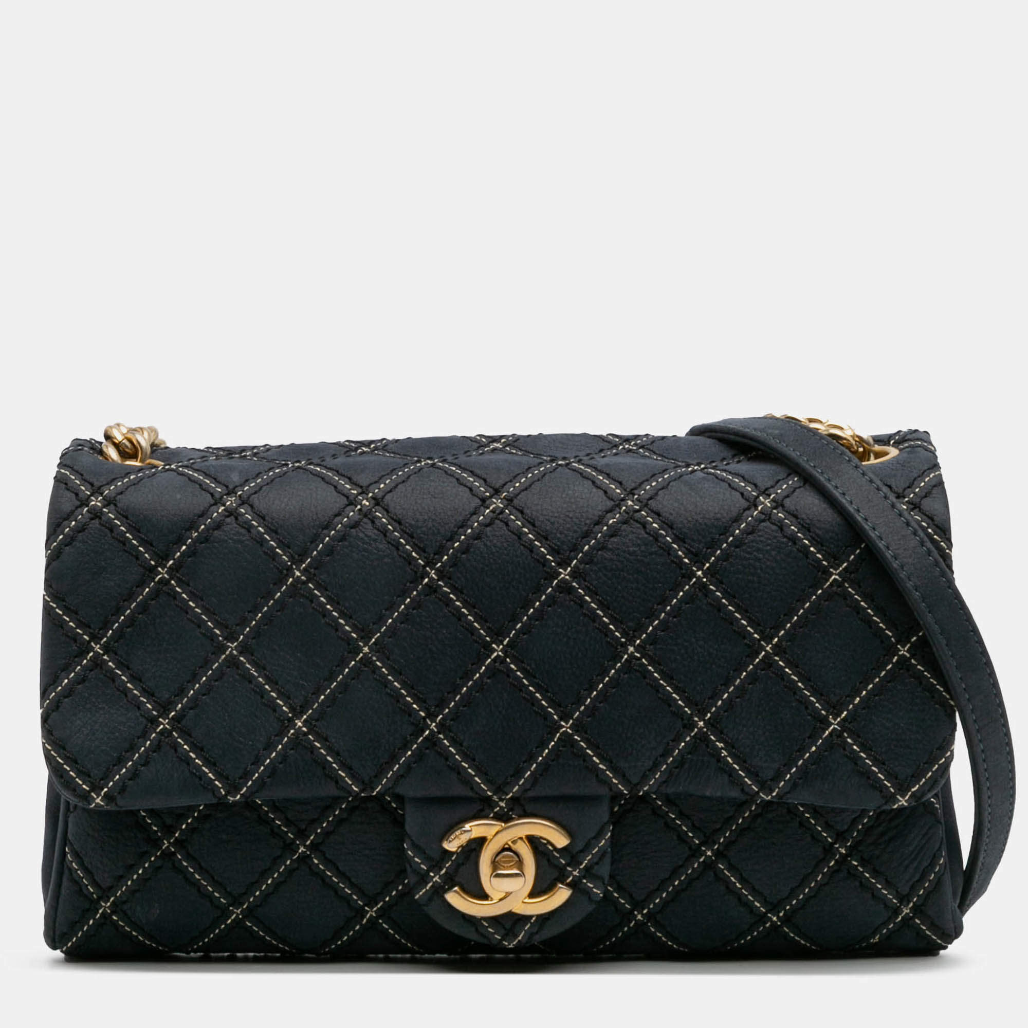 Pre Owned Chanel Navy Blue Medium Quilted Calfskin Triple Stitched Flap