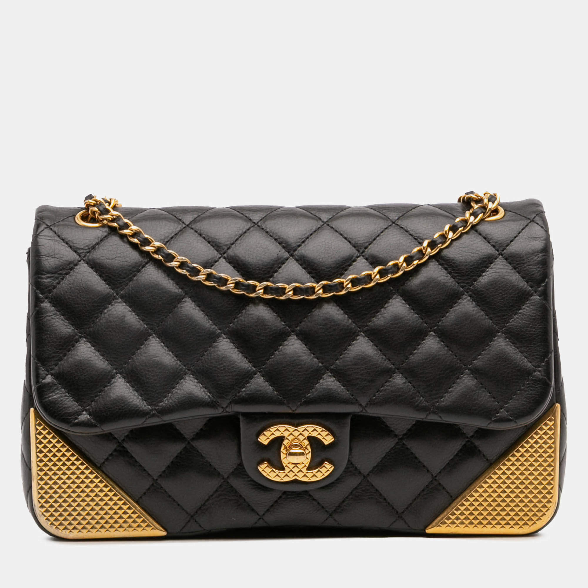 Pre Owned Chanel Black Gold Quilted Calfskin Rock The Corner Flap
