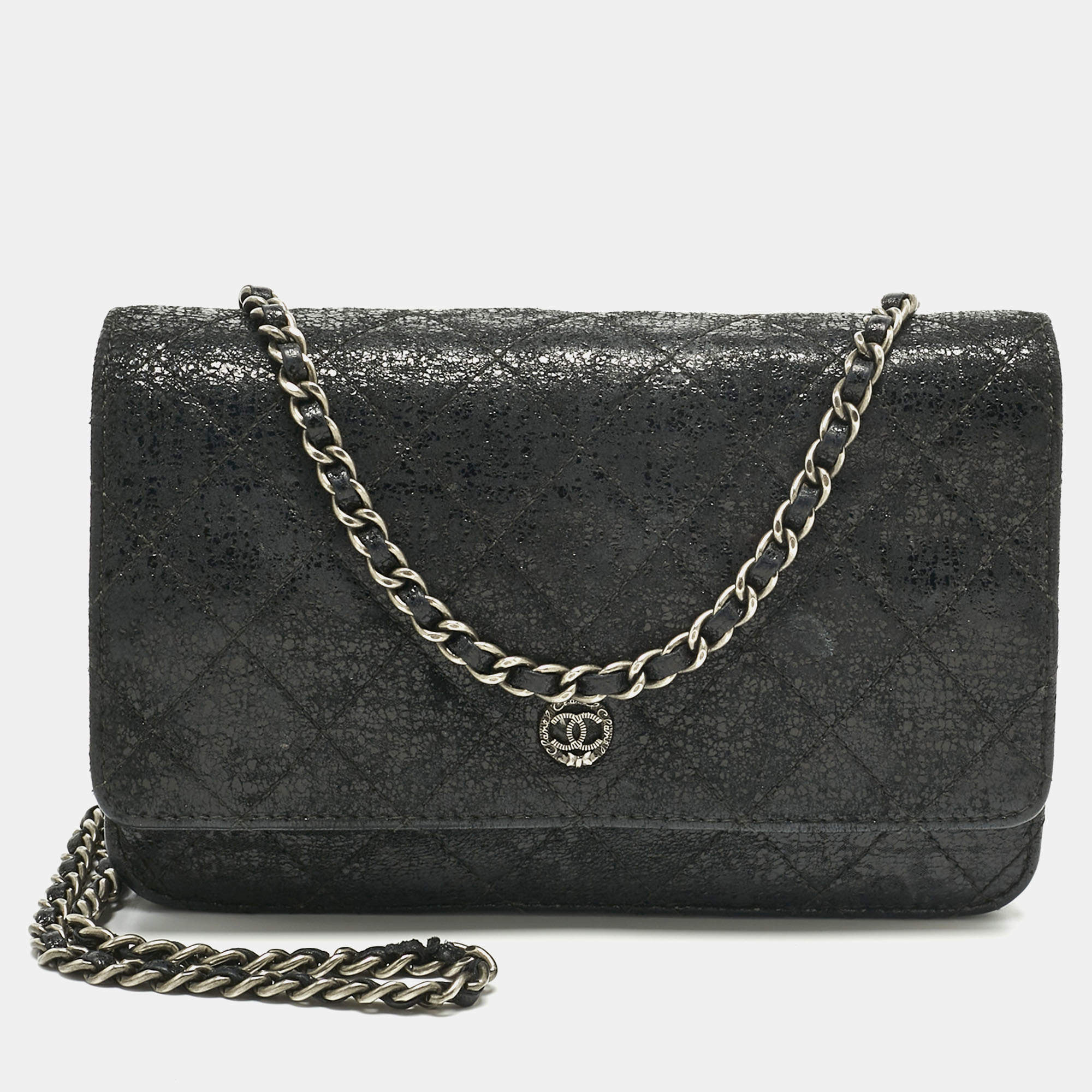 Pre Owned Chanel Black Quilted Crackled Leather CC Wallet on Chain