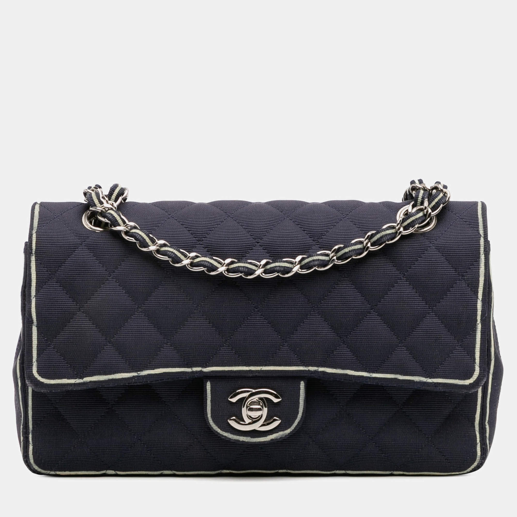 Pre Owned Chanel Navy Blue Medium Classic Printed Grosgrain Double Flap