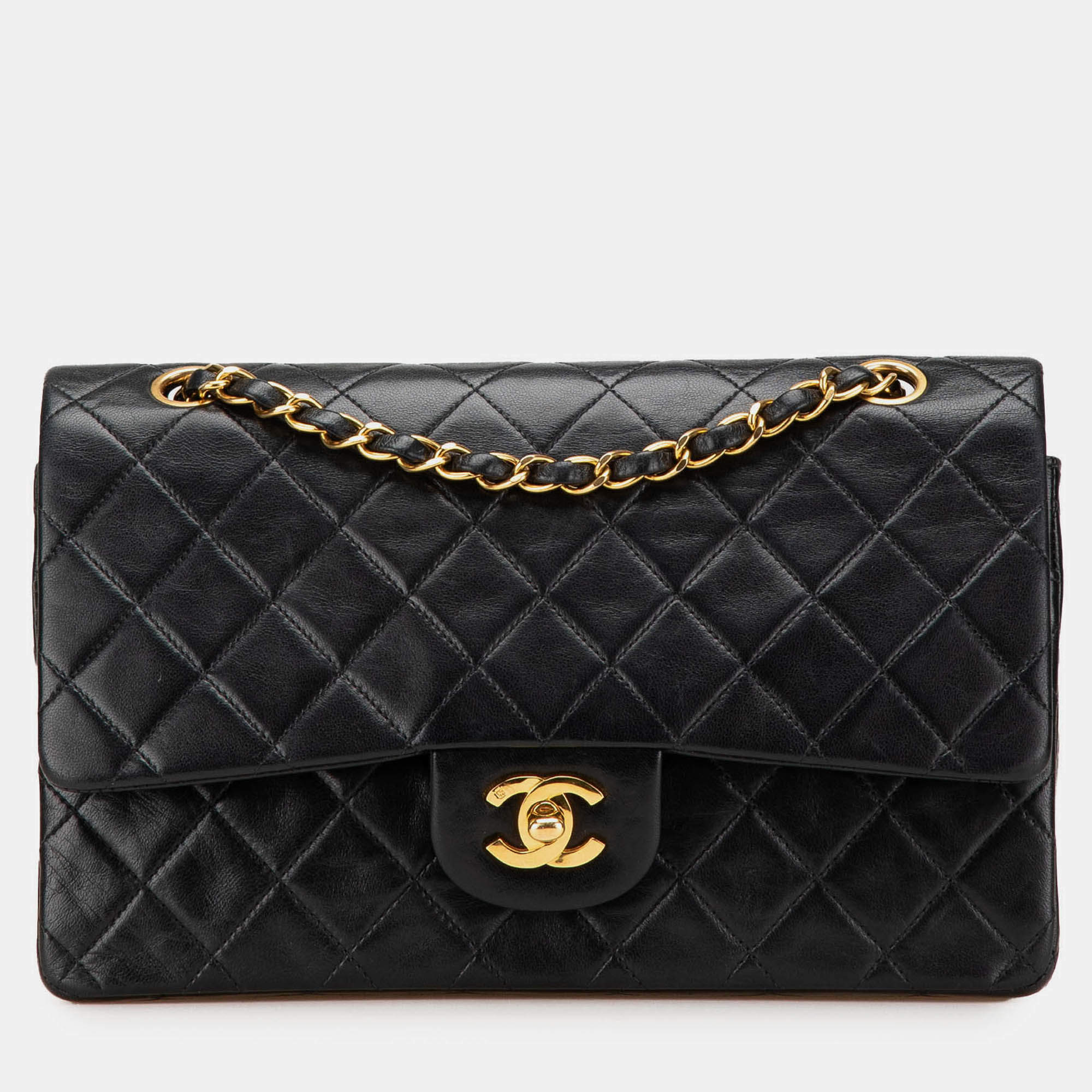 Pre Owned Chanel Black Medium Classic Lambskin Double Flap