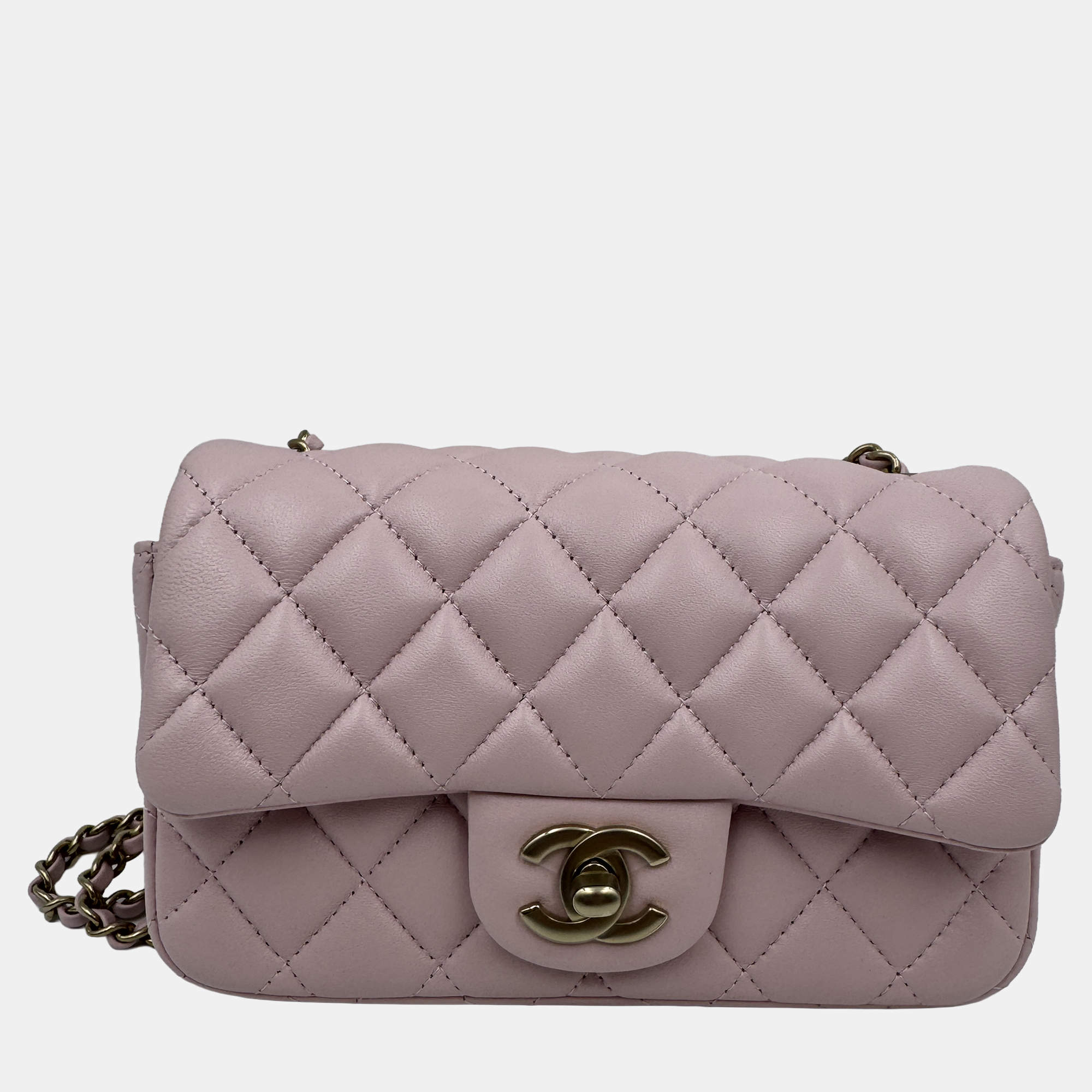 Pre Owned حقيبة شانيل وردية جلدية مبطنة صغيرة مستطيلة كلاسيكية برفرف واحد