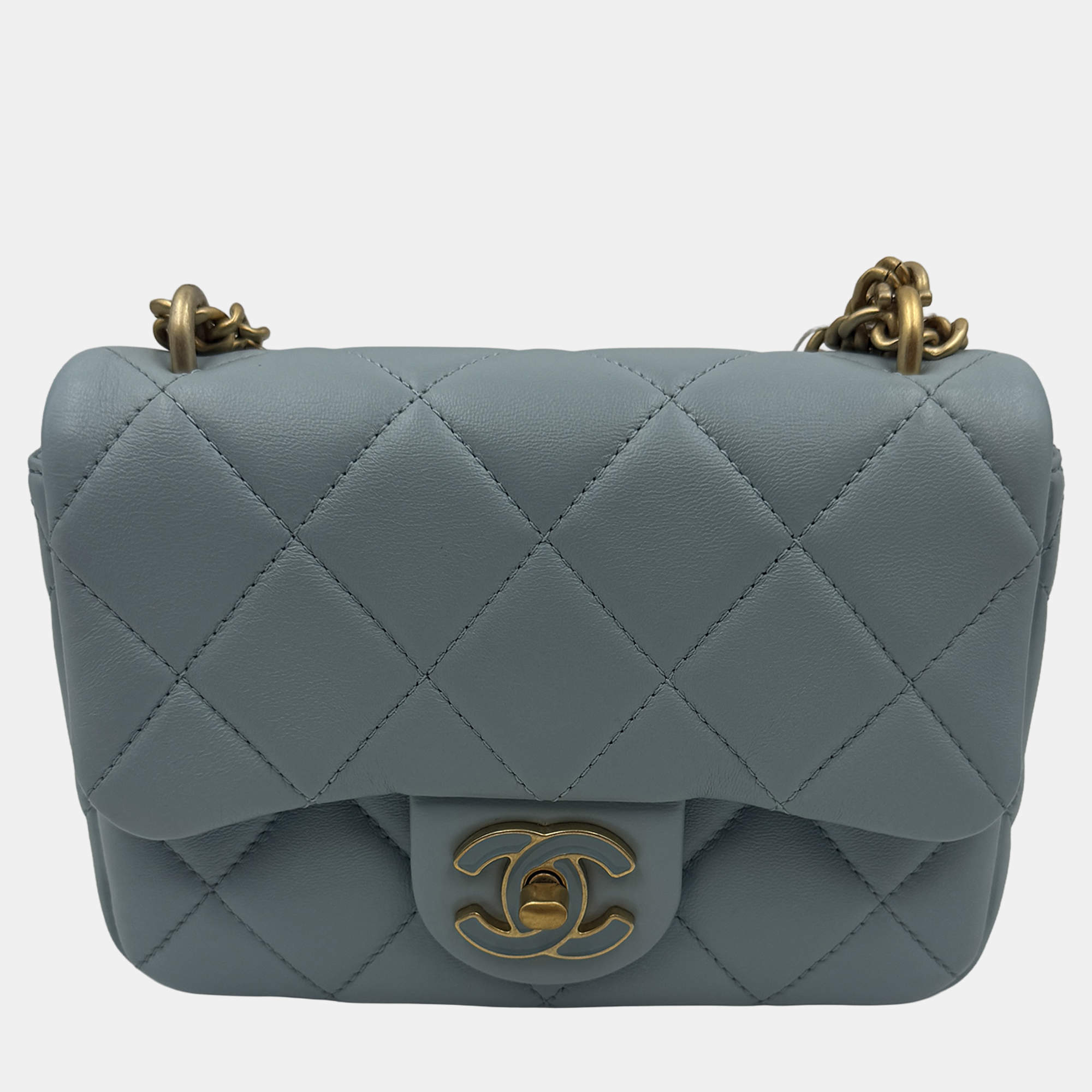 Pre Owned Chanel Blue Leather Mini Square Classic Single Flap Bag