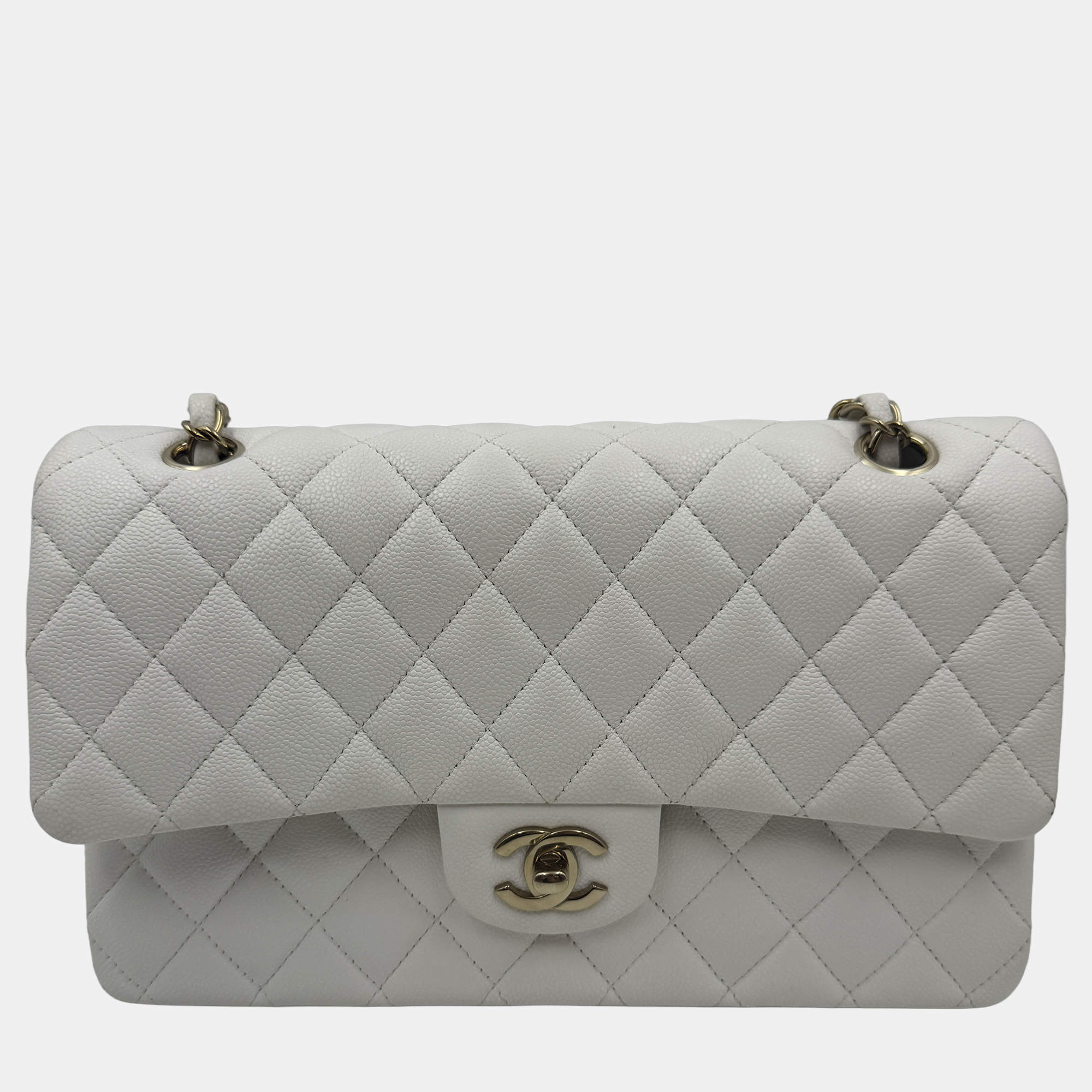 Pre Owned Chanel White Caviar Leather Classic Medium Double Flap Shoulder Bag