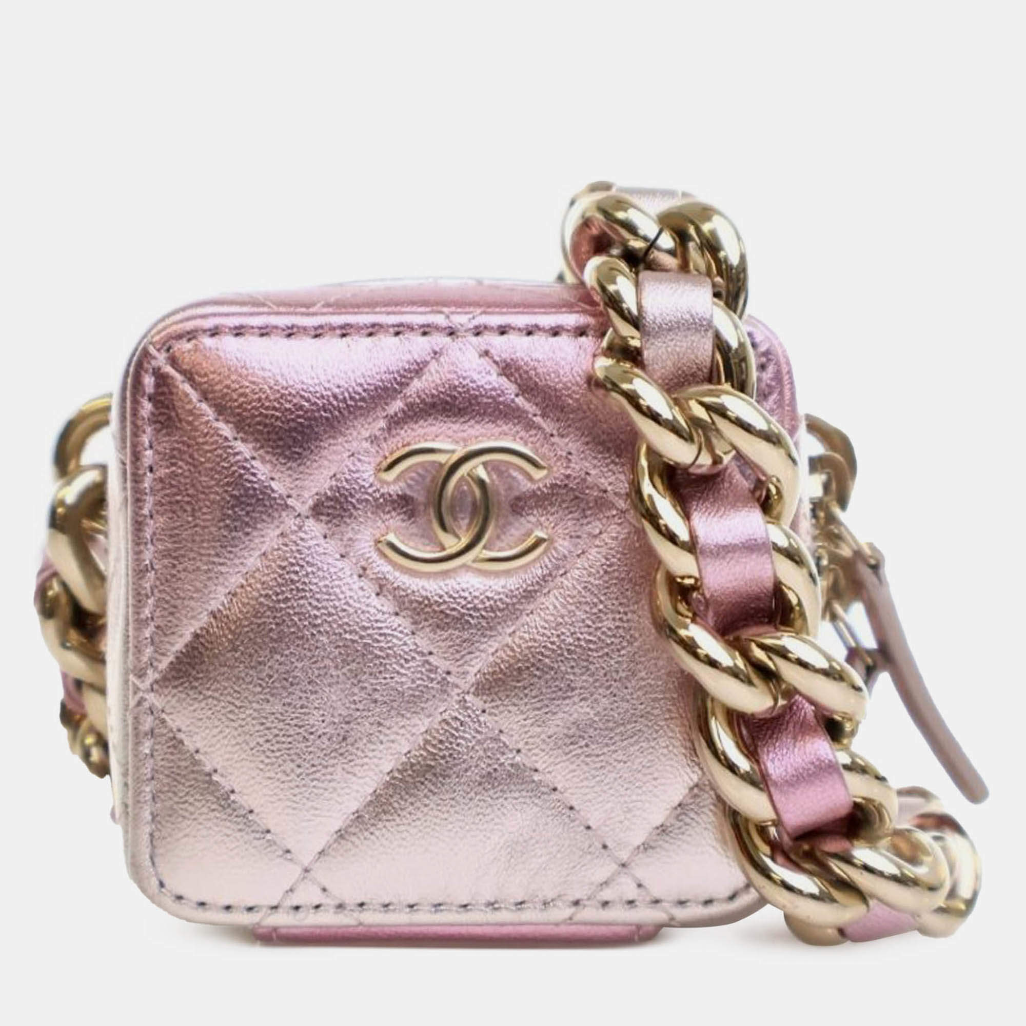 Pre Owned Chanel Pink Mini Metallic Lambskin Coco Punk Cube Bag