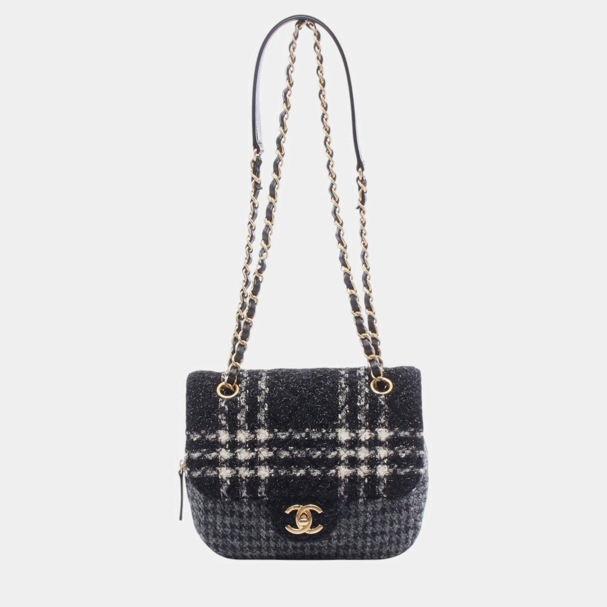 Pre Owned Chanel Black Grey Small CC Wool Tweed Flap
