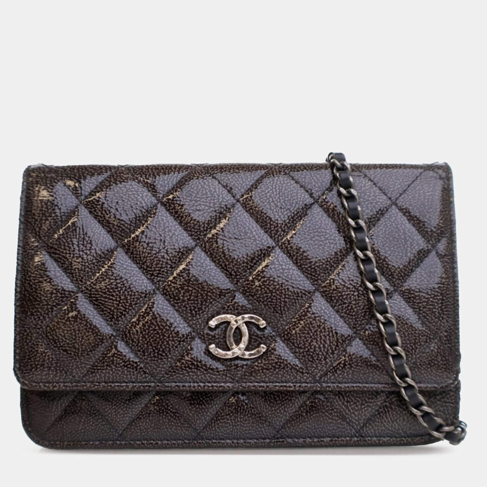 Pre Owned Chanel Brown CC Quilted Shiny Crumpled Calfskin Wallet on Chain