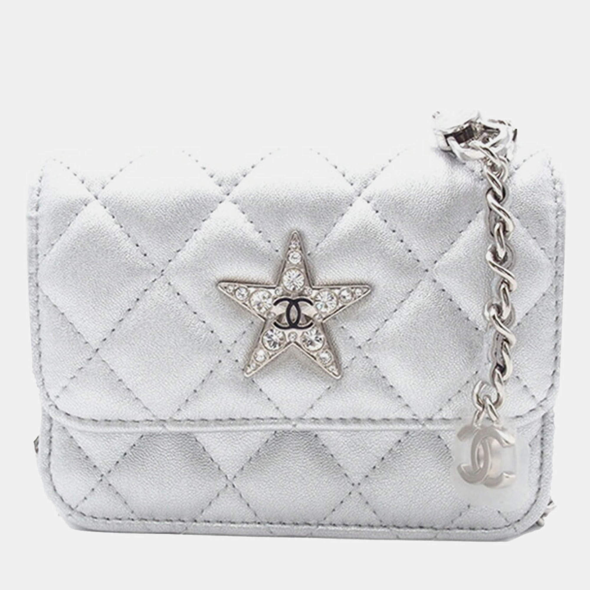 Pre Owned Chanel Silver Quilted Metallic Lambskin Crystal Star Chain Flap