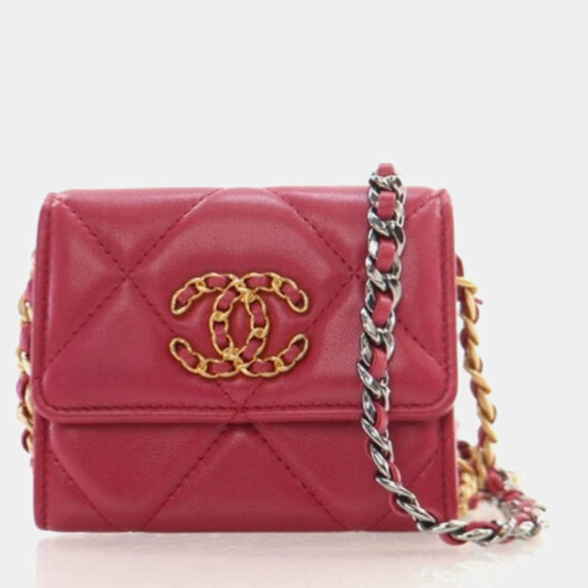 Pre Owned Chanel Red Lambskin 19 Cardholder on Chain