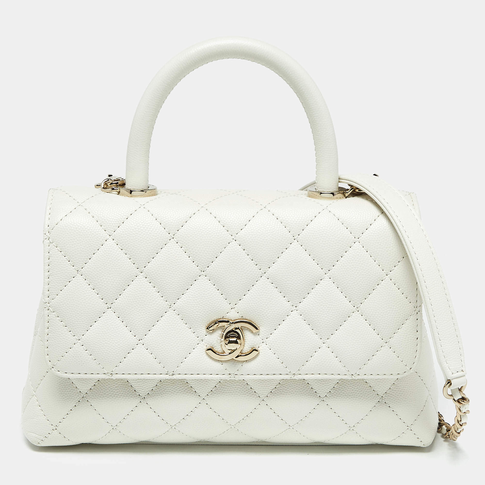 Pre Owned Chanel White Quilted Caviar Leather Mini Coco Top Handle Bag