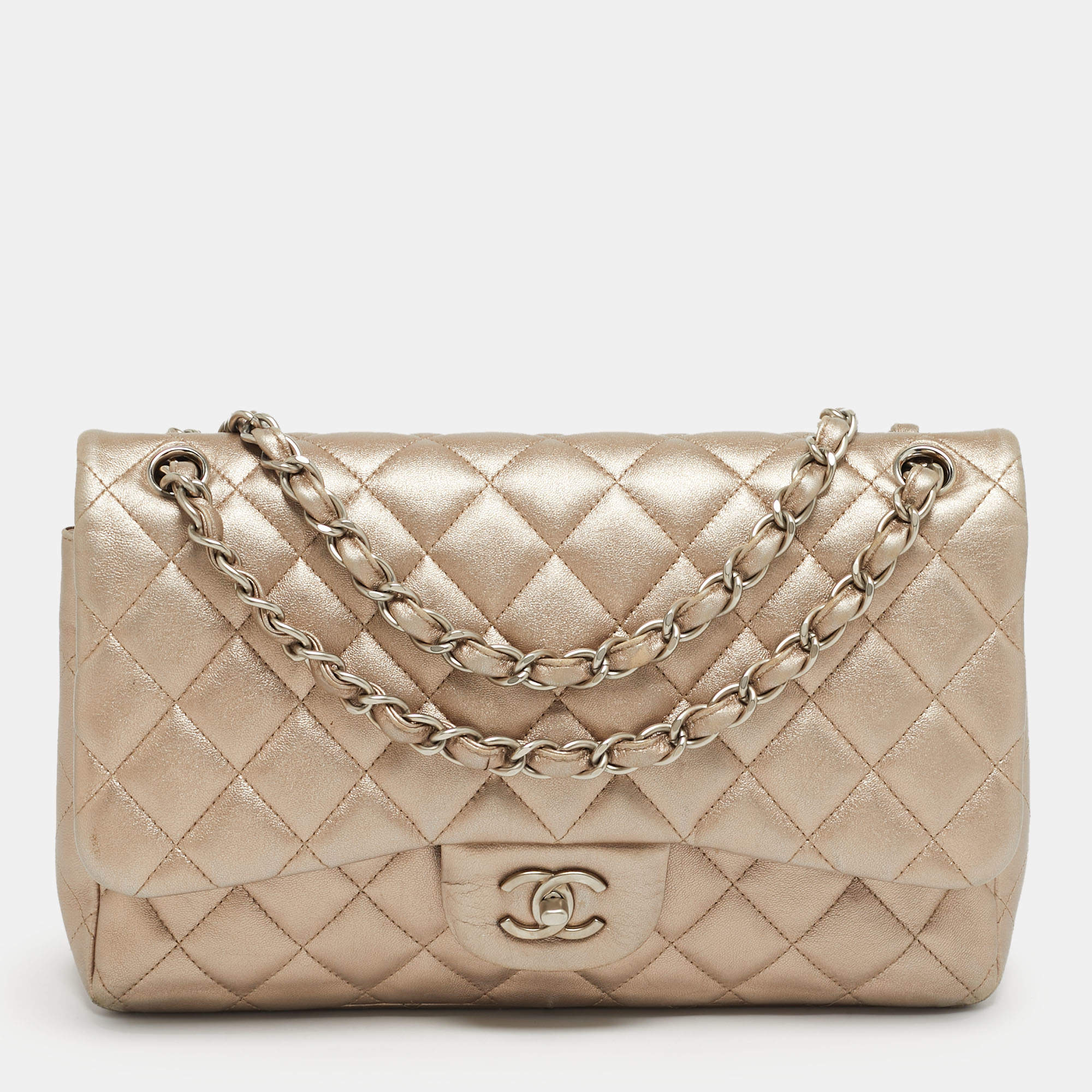 Pre Owned Chanel Metallic Quilted Leather Jumbo Classic Double Flap Bag