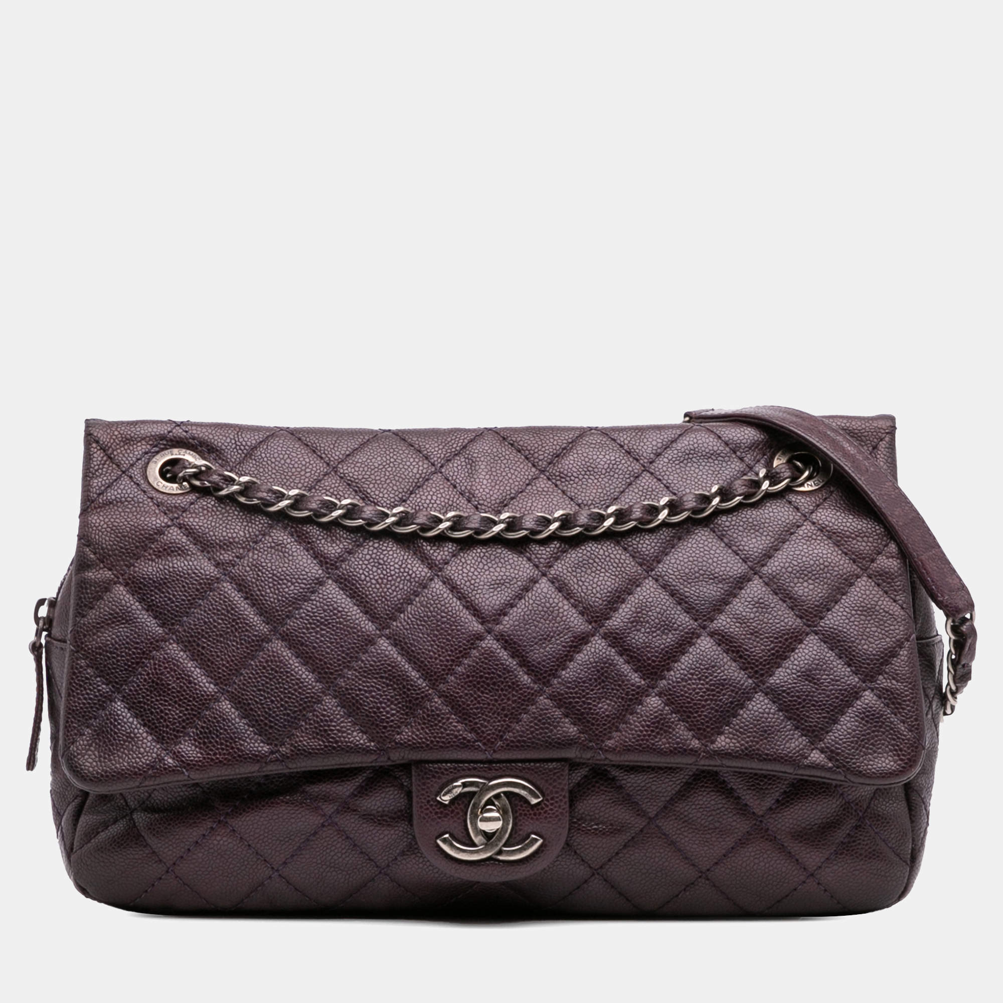 Pre Owned Chanel Purple Jumbo Quilted Iridescent Caviar Easy Flap