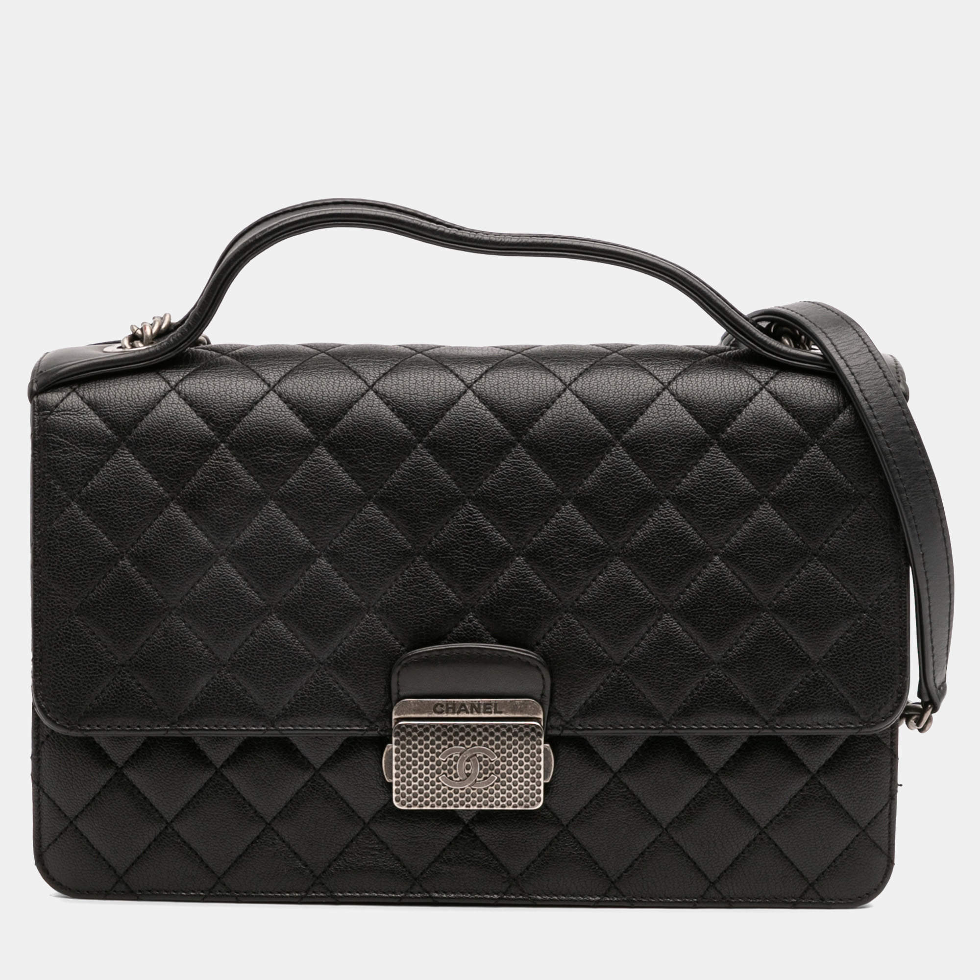 Pre Owned Chanel Black Medium Quilted Goatskin CC University Flap
