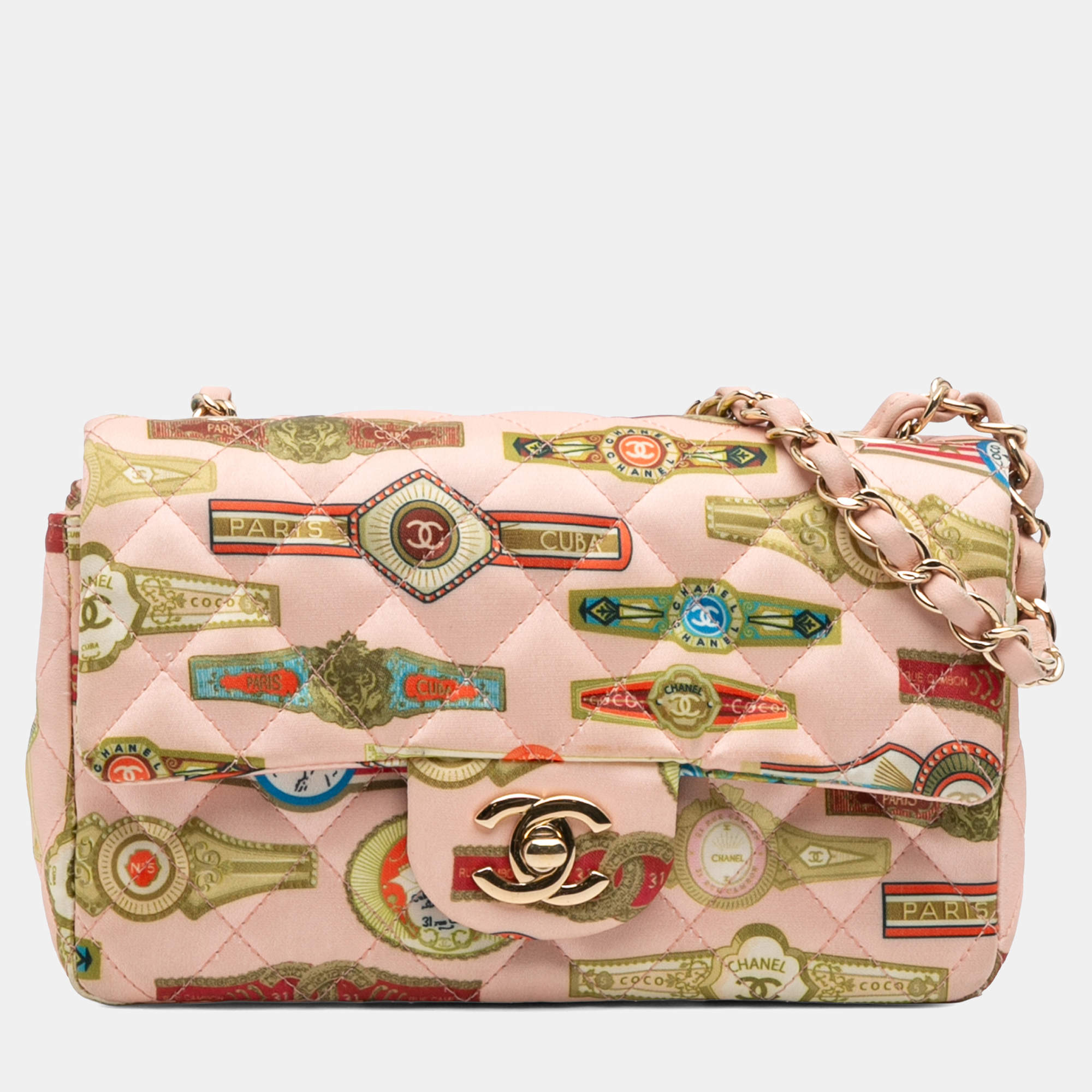 Pre Owned Chanel Pink Mini Rectangular Classic Printed Satin Cuba Single Flap
