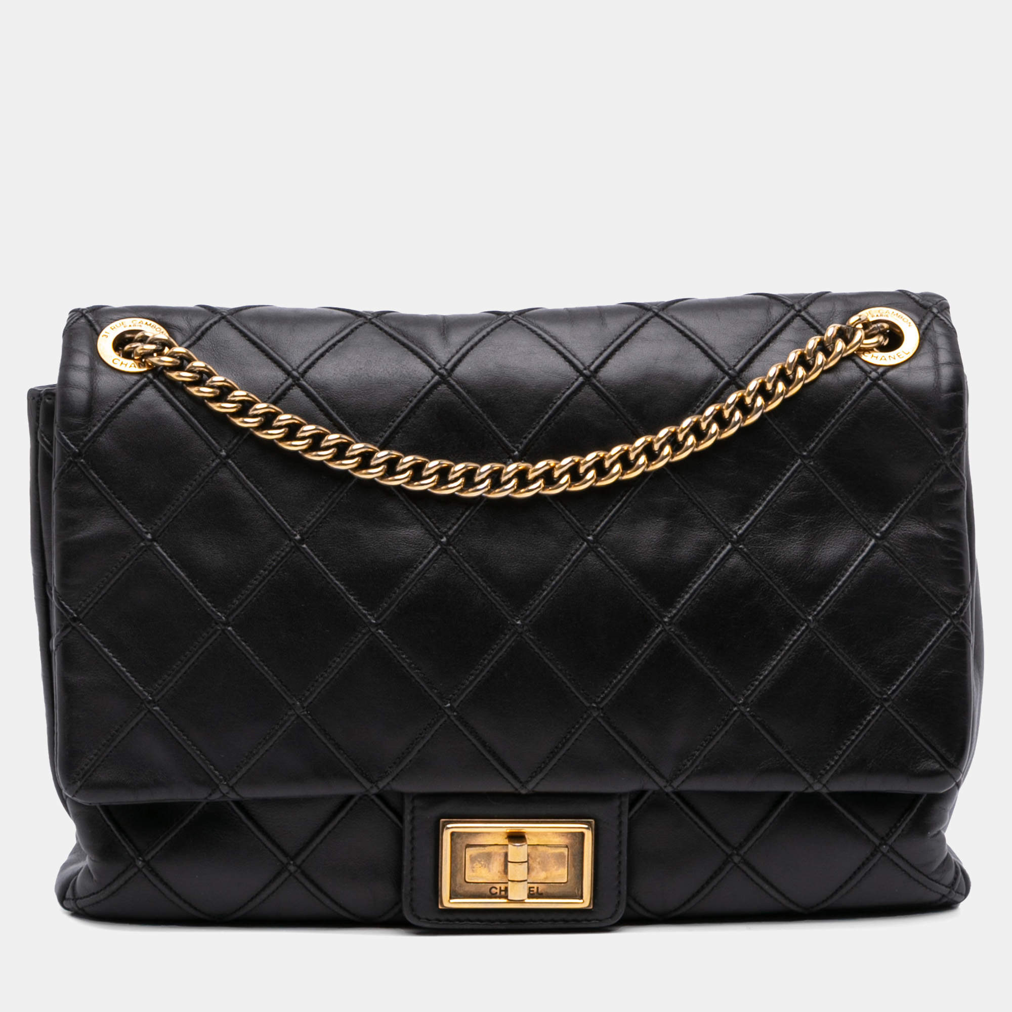 Pre Owned Chanel Black Large Reissue 2.55 Diamond Debossed Calfskin Cosmos Flap