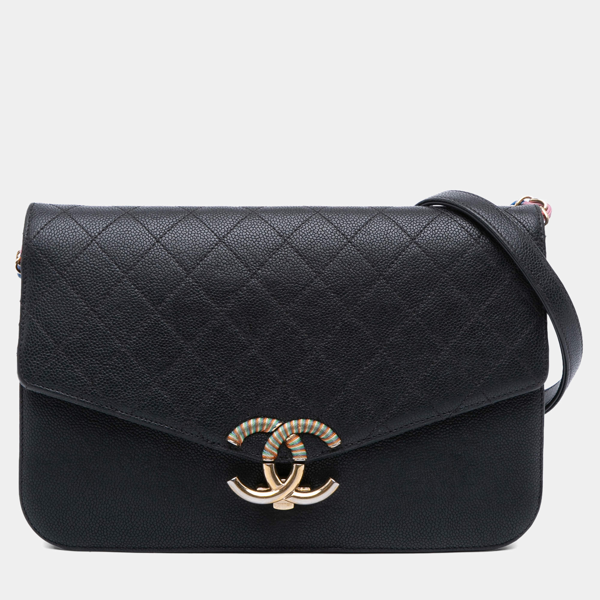 Pre Owned Chanel Black Paris Cuba Medium Caviar Thread Around Flap