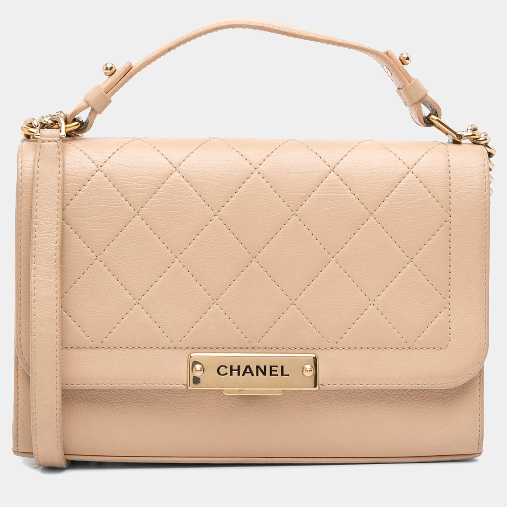 Pre Owned Chanel Beige Brown Medium Quilted Calfskin Label Click Flap