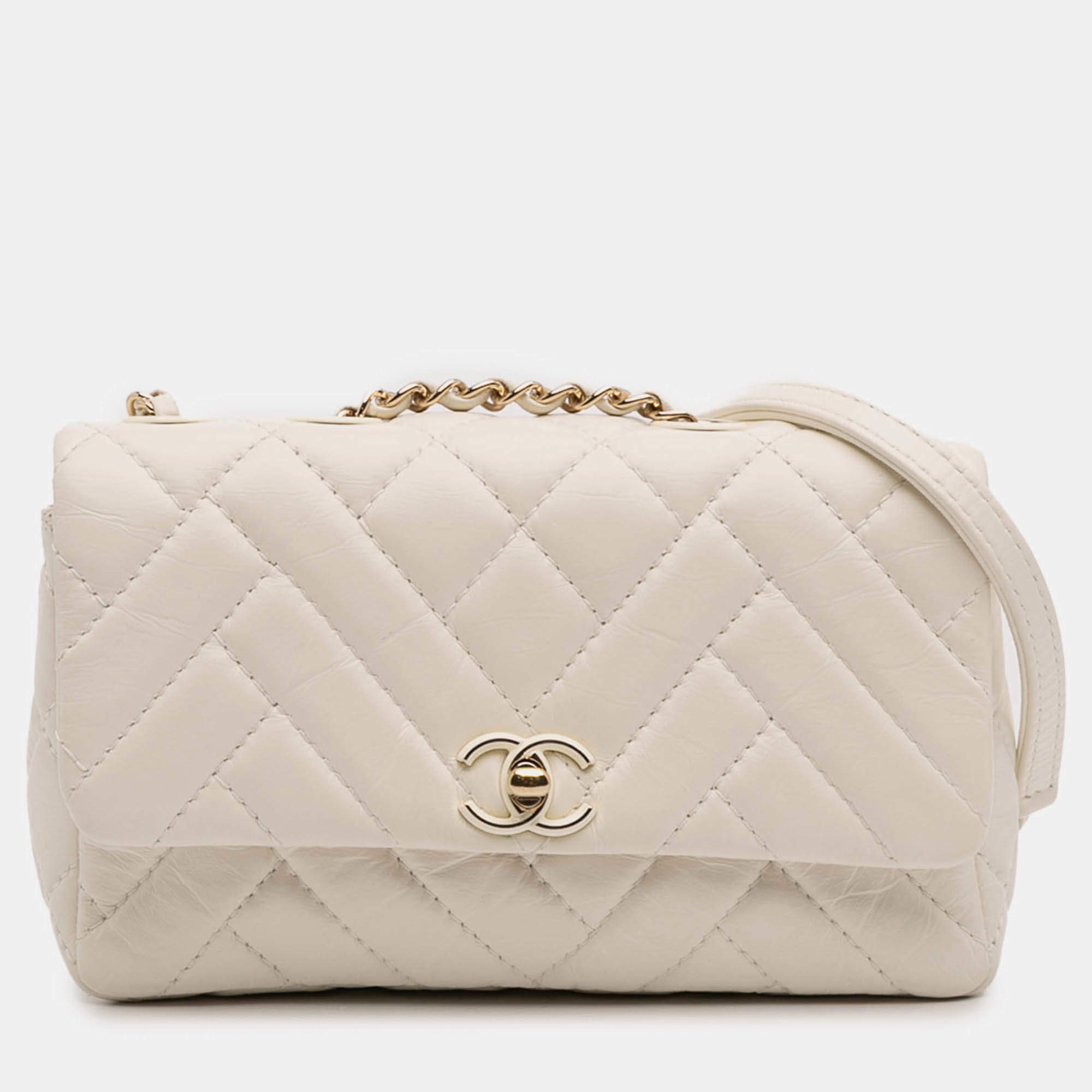 Pre Owned Chanel Cream Small Mix Quilted Aged Calfskin New Clutch Flap