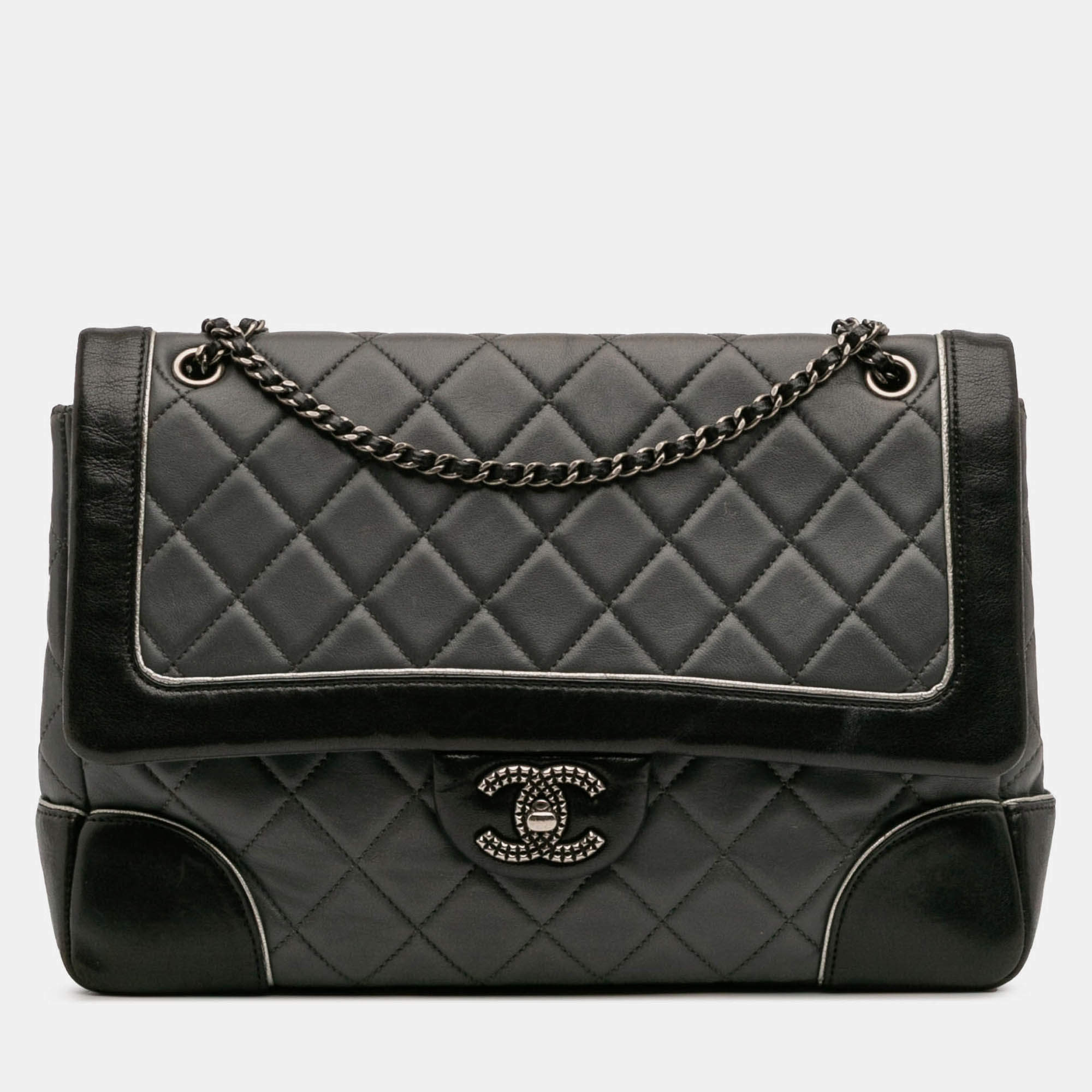 Pre Owned Chanel Black Grey Paris Salzburg Jumbo Bicolor Quilted Lambskin Tyrolean Flap
