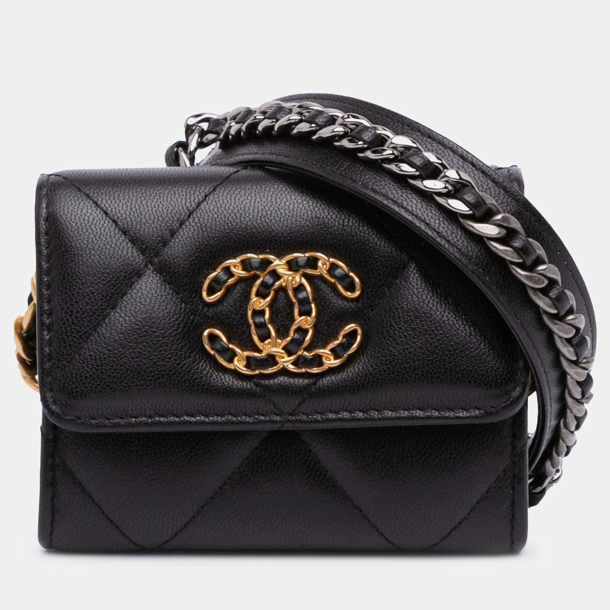 Pre Owned Chanel Black Lambskin 19 Flap Coin Purse With Chain