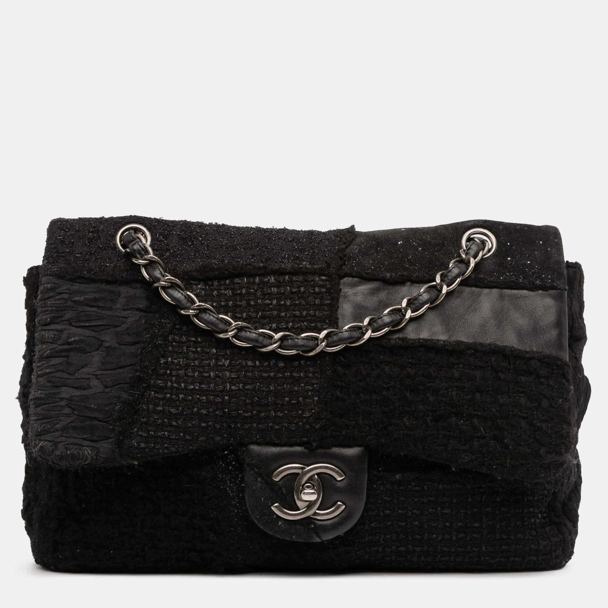 Pre Owned Chanel Black Jumbo Patchwork Tweed Flap