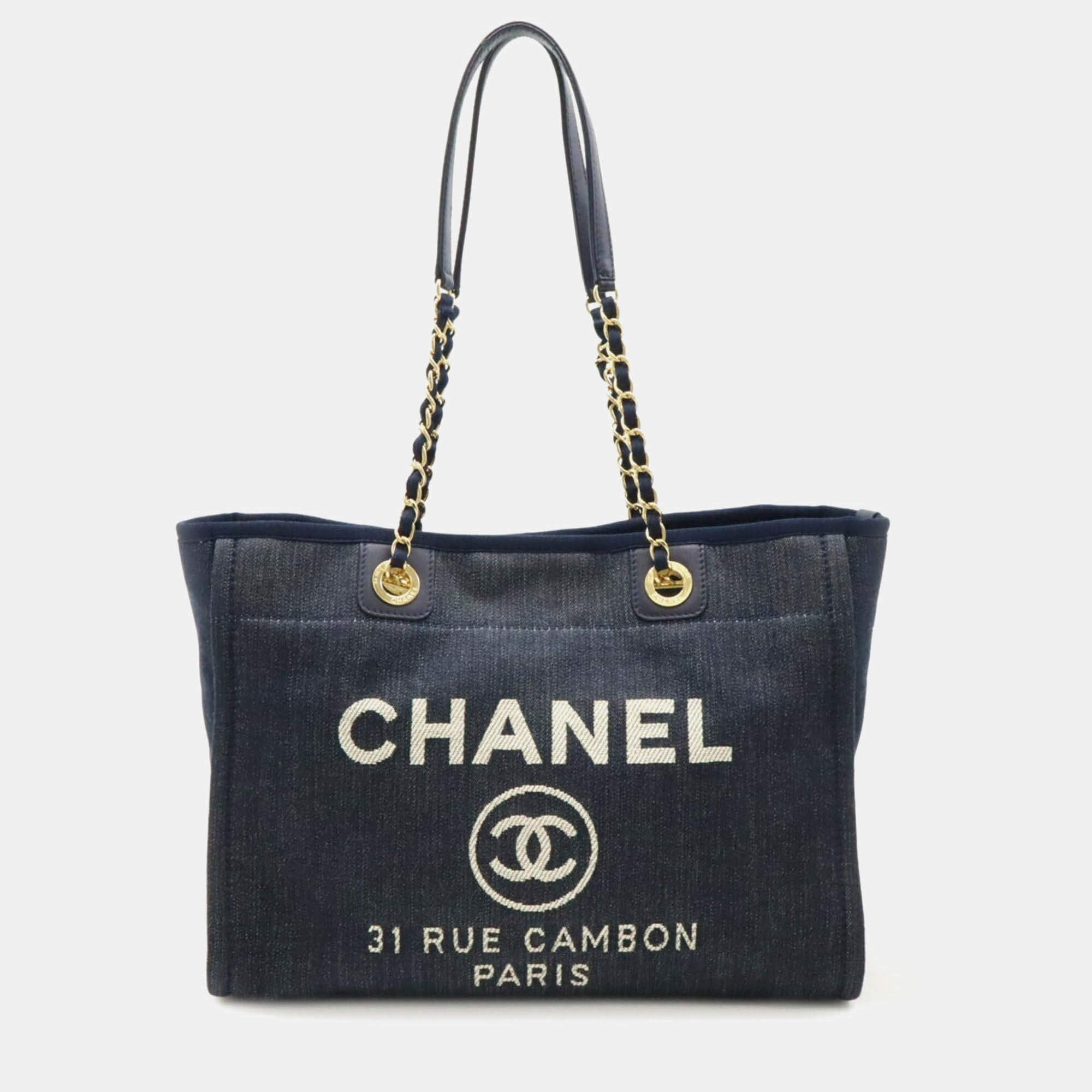 Pre Owned Chanel Deauville Medium Navy Blue Denim and Leather Tote Bag