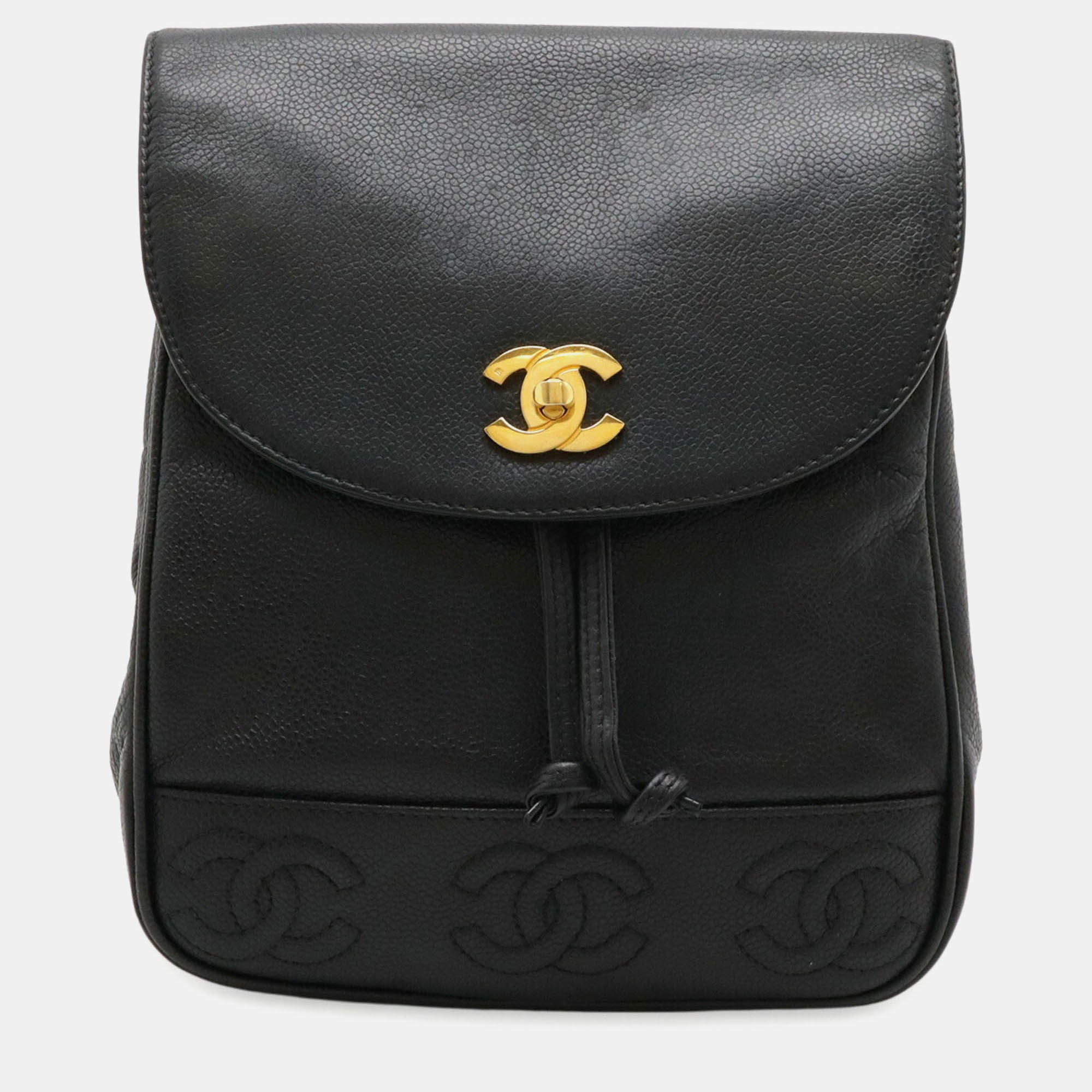 Pre Owned Chanel Triple Coco Mark Black Caviar Leather Backpack
