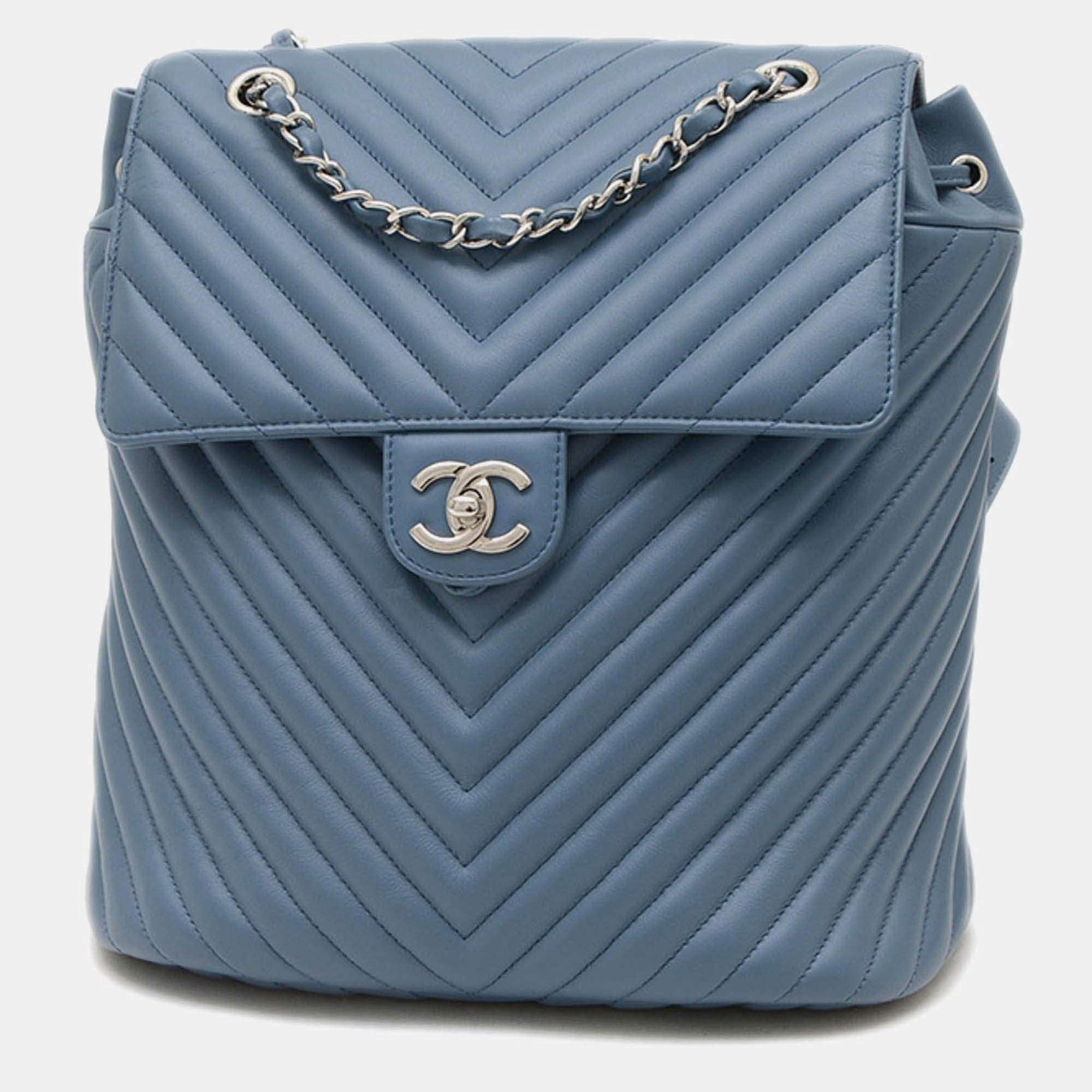 Pre Owned Chanel Chevron Blue Lambskin Leather Backpack