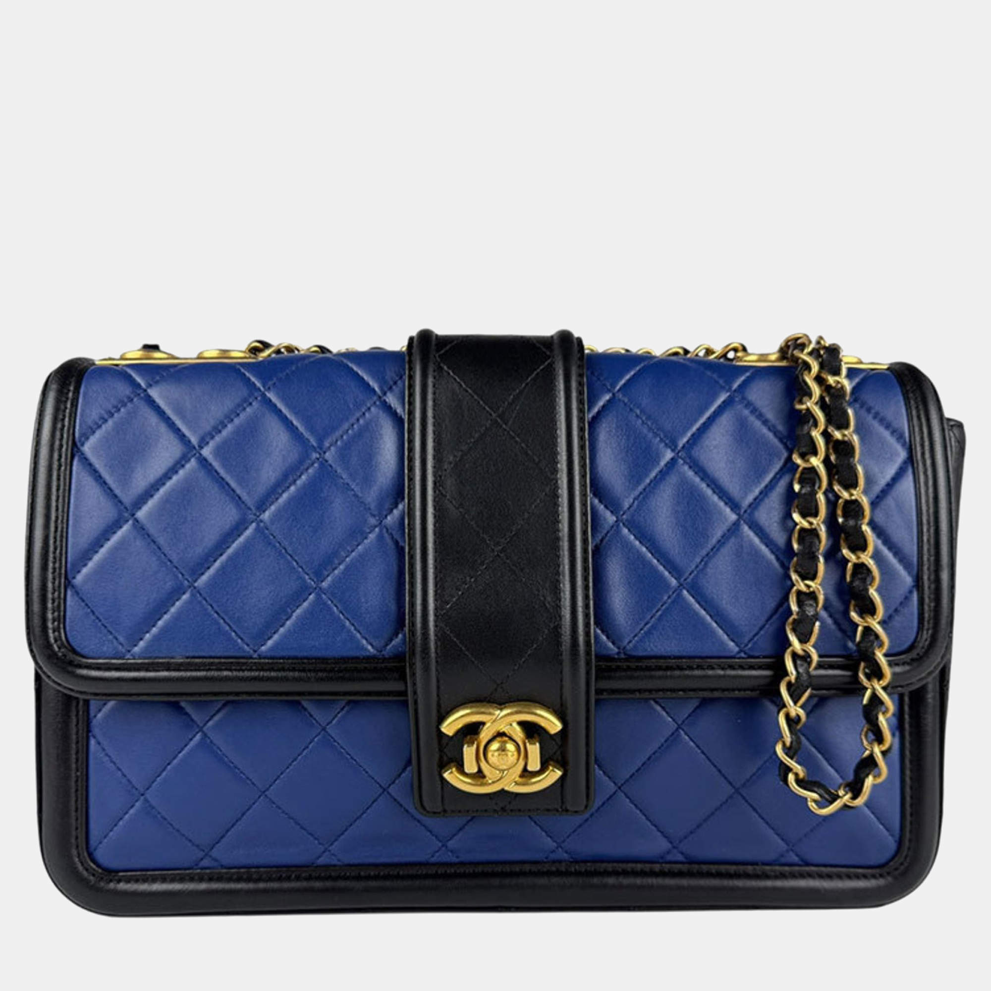 Pre Owned Chanel Elegant Flap Blue Black Leather Shoulder Bag
