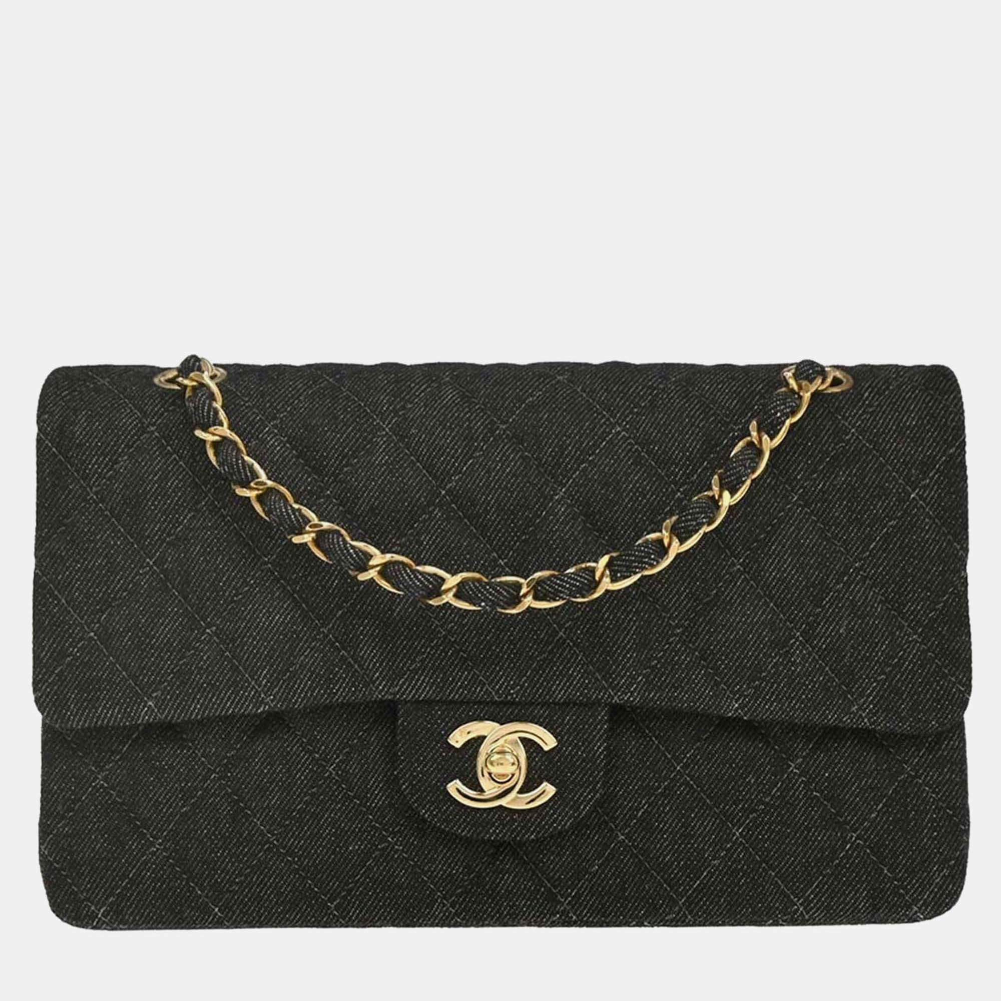 Pre Owned Chanel Classic Double Flap Medium Black Denim Shoulder Bag