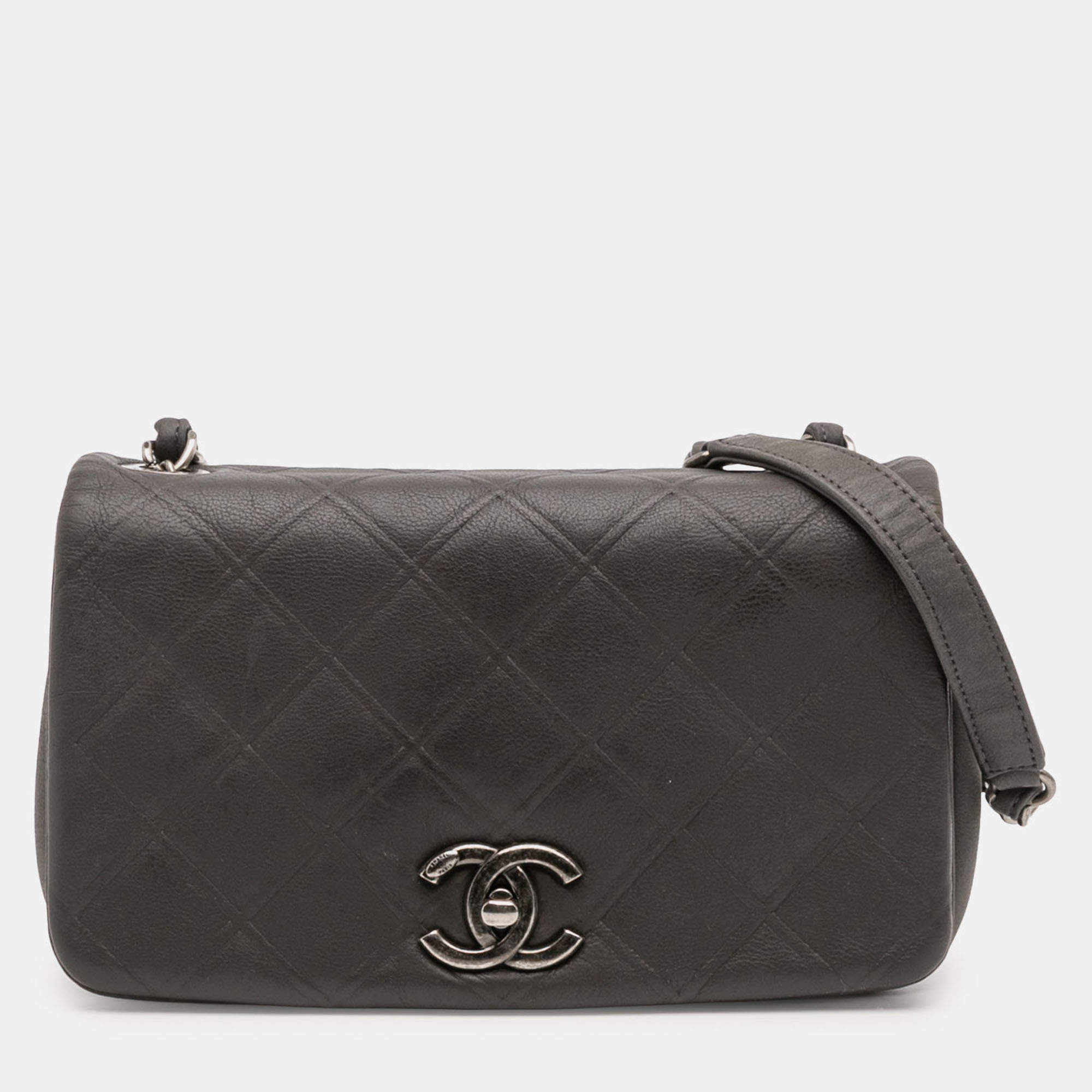 Pre Owned Chanel Grey Embossed Calfskin New Chic Flap