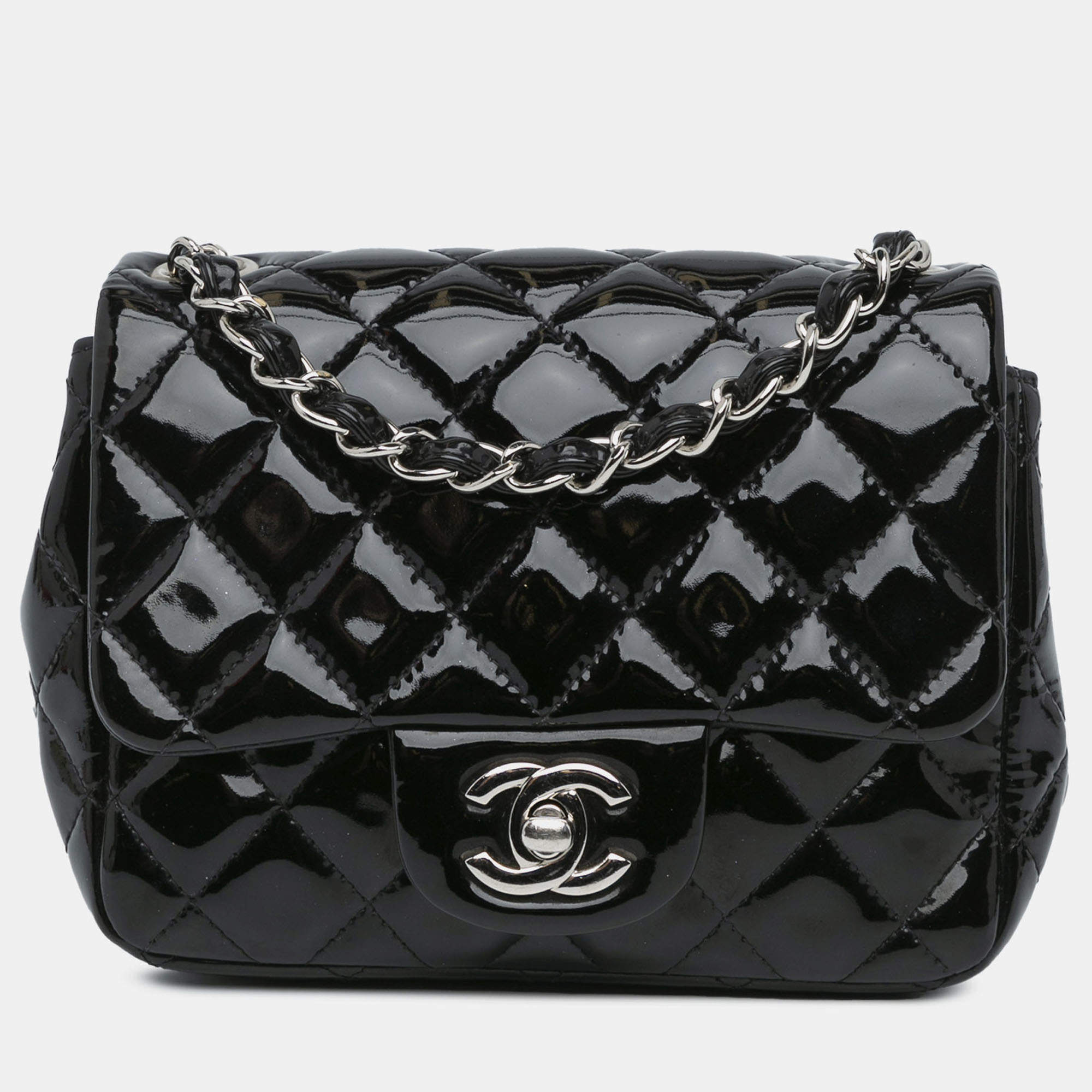 Pre Owned Chanel Black Mini Square Classic Patent Single Flap