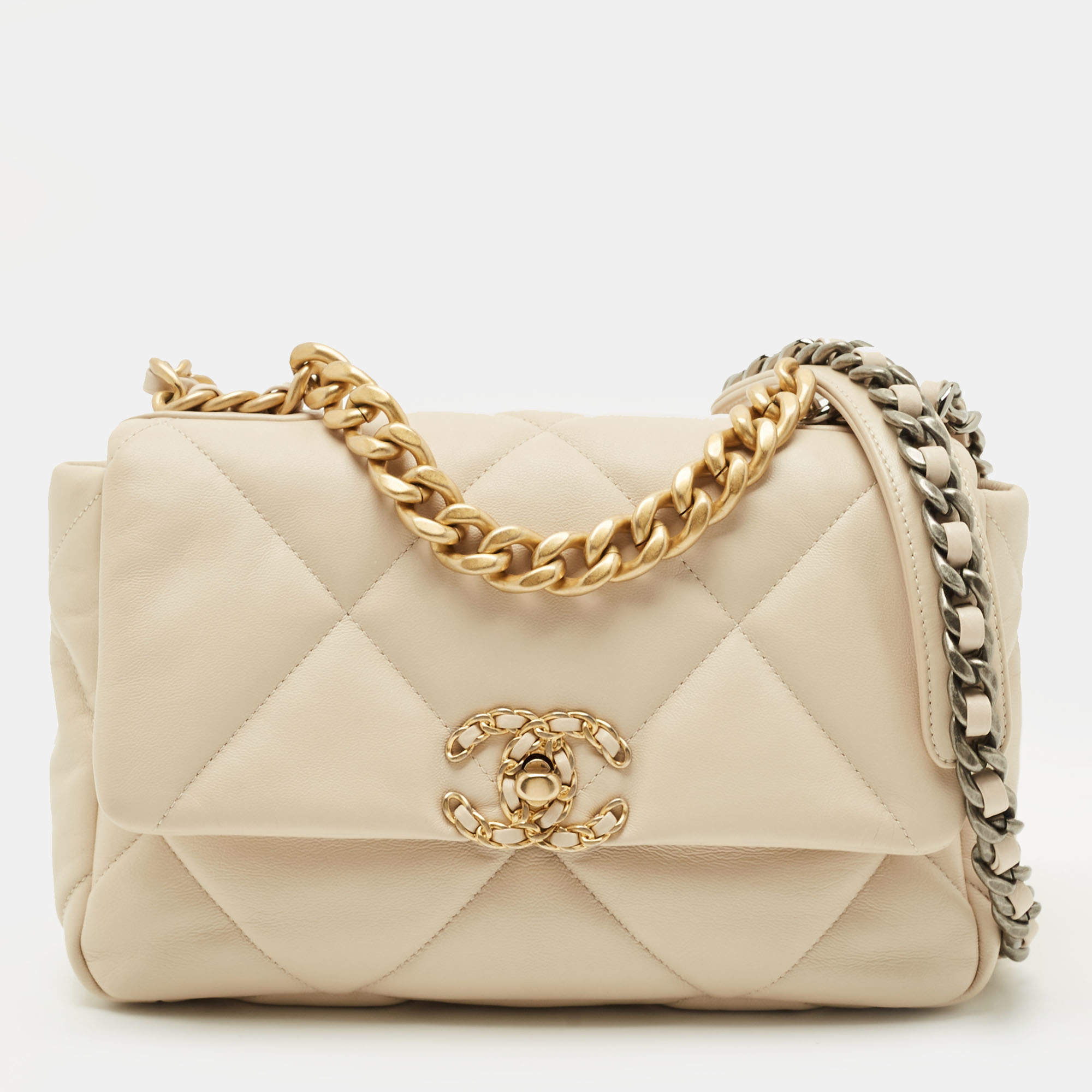 Pre Owned Chanel Light Beige Quilted Leather Small 19 Flap Bag