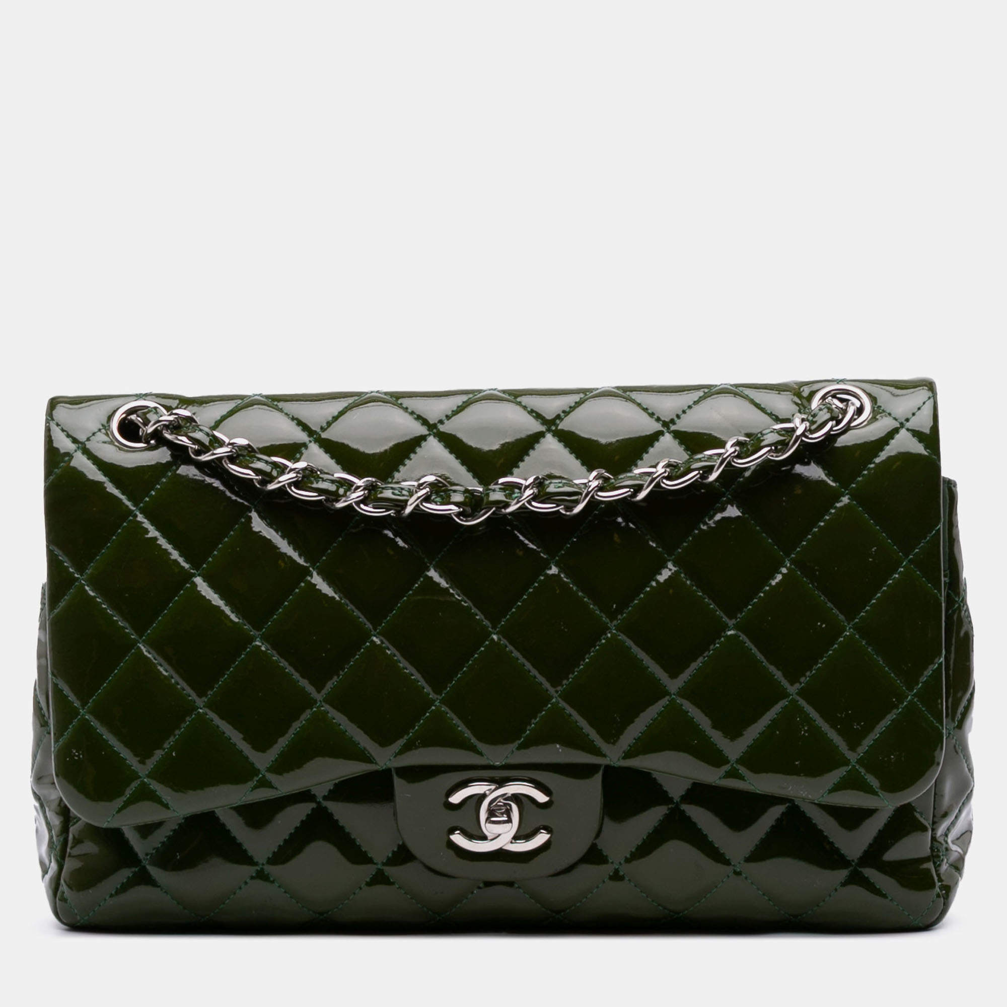 Pre Owned Chanel Green Jumbo Classic Patent Double Flap