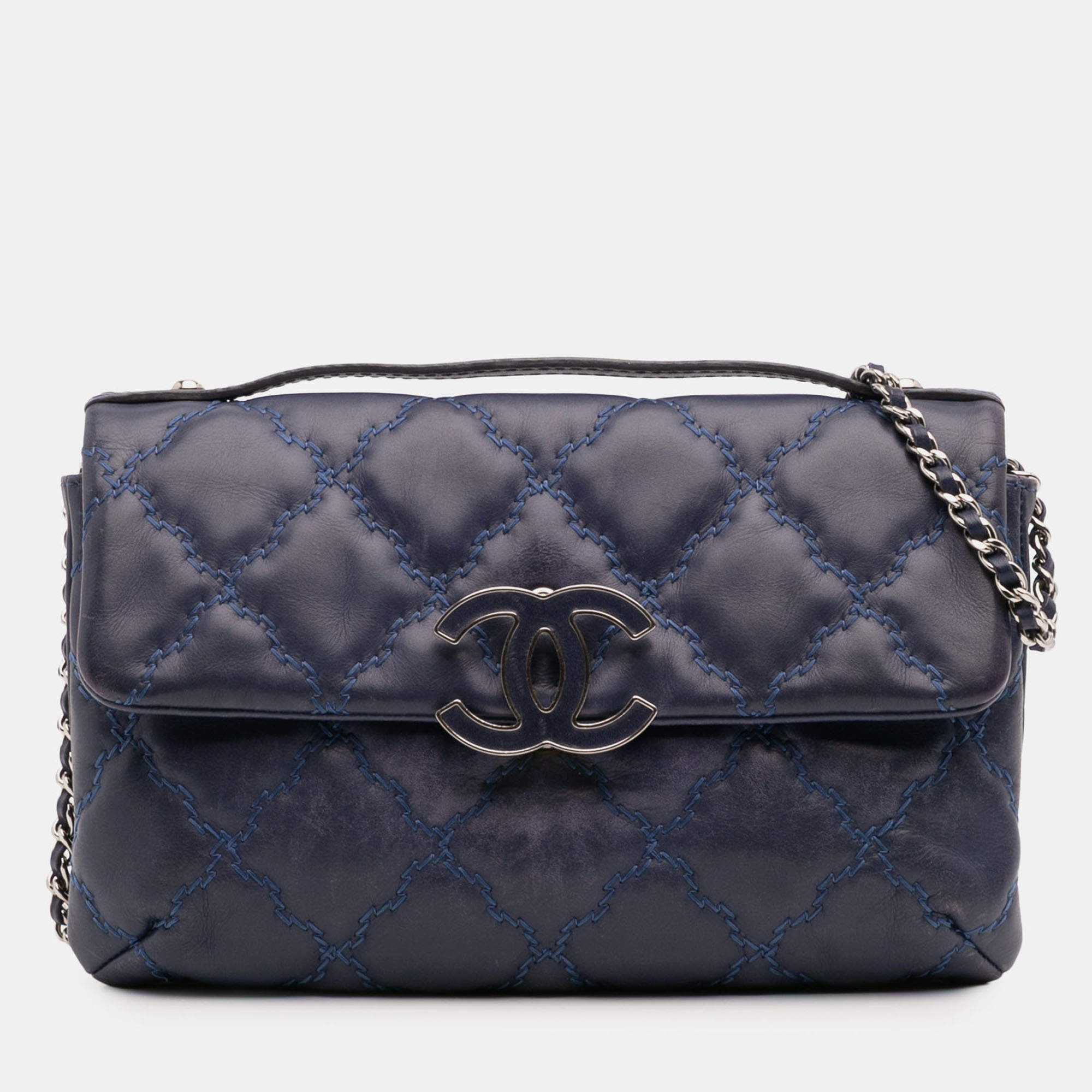 Pre Owned Chanel Blue Mini Double Stitch Hamptons Flap