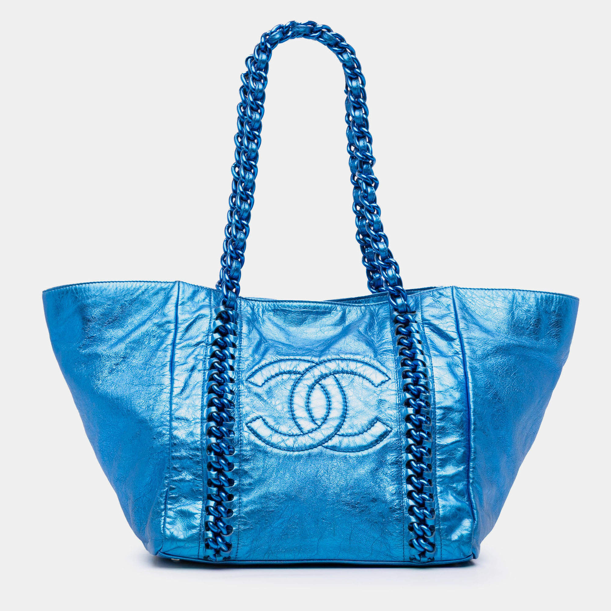 Pre Owned Chanel Blue Medium Cracked Metallic Calfskin Modern Chain Tote