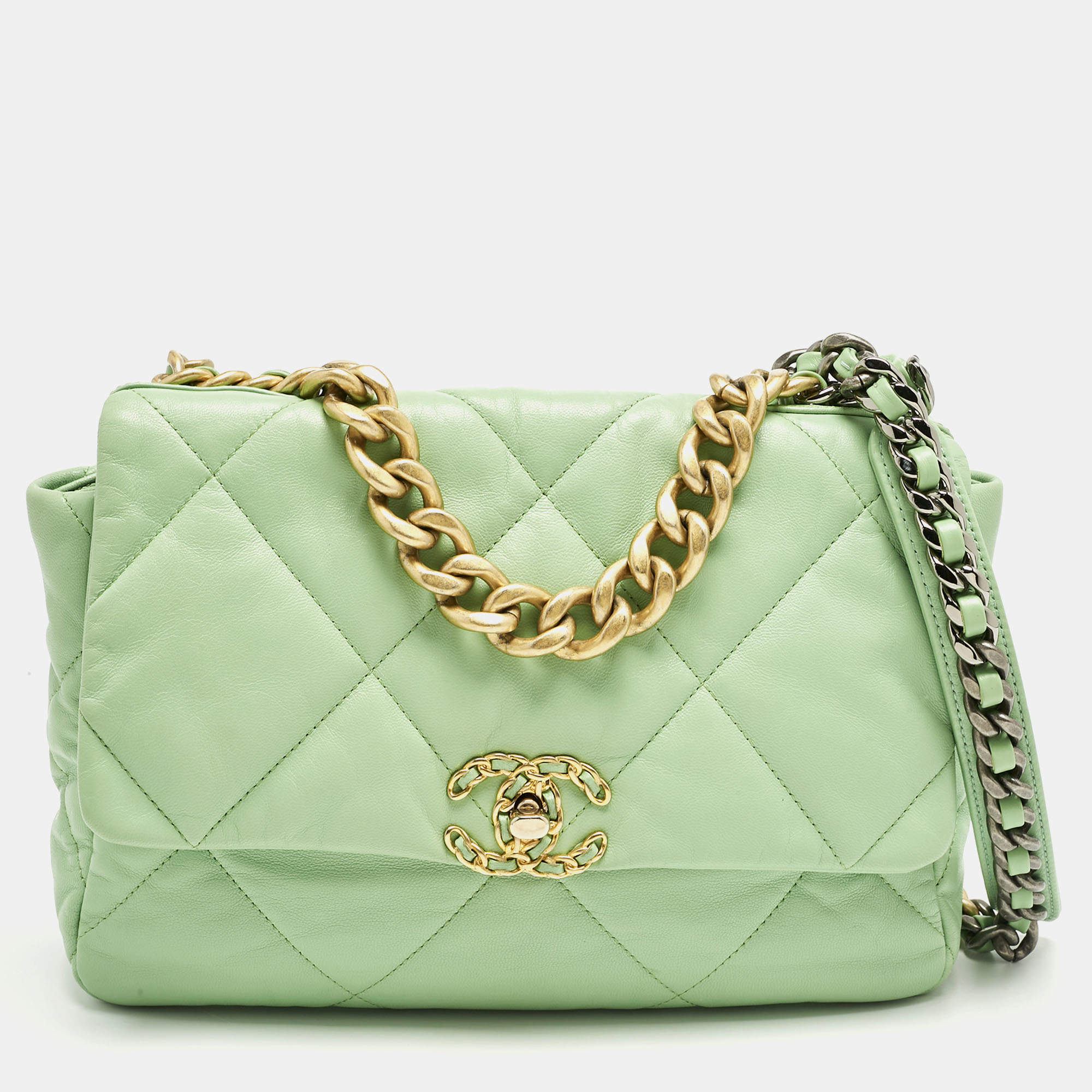 Pre Owned Chanel Light Green Quilted Leather Large 19 Flap Bag