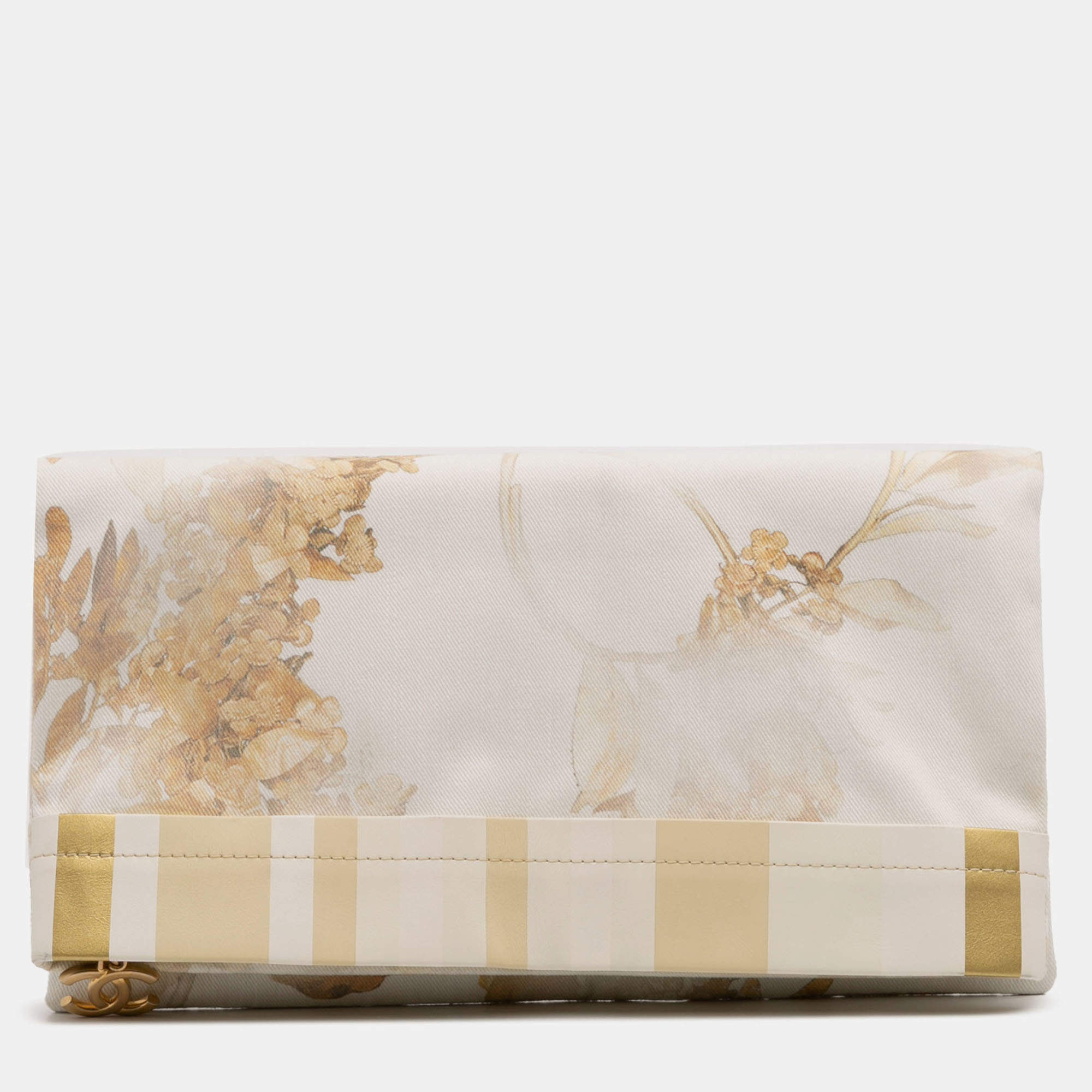 Pre Owned Chanel Cream XL Printed Canvas and Striped Lambskin Foldover Clutch